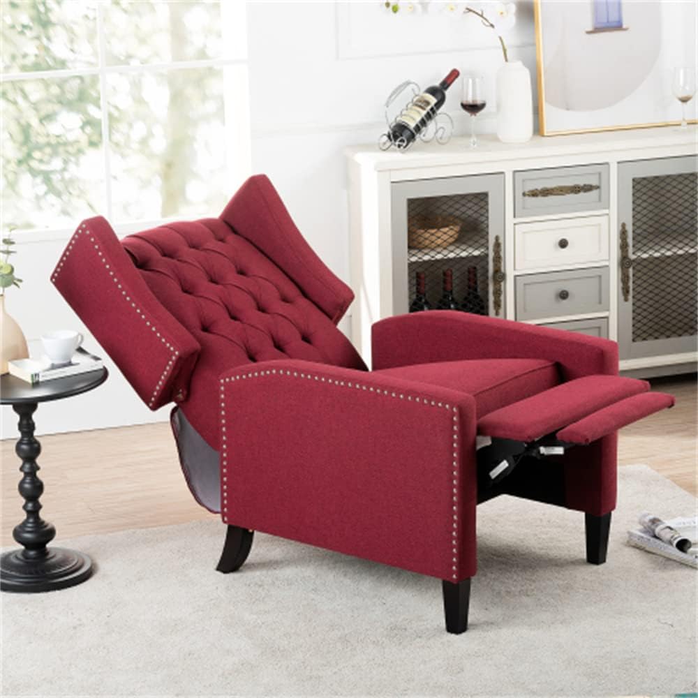 Arm Pushing Recliner Chair, Modern Button Tufted Wingback Manual Push Back Recliner Chair with Nailhead Trim & Wood Legs, Upholstered Living Room Chair Single Reclining Sofa Home Theater Seating Grey