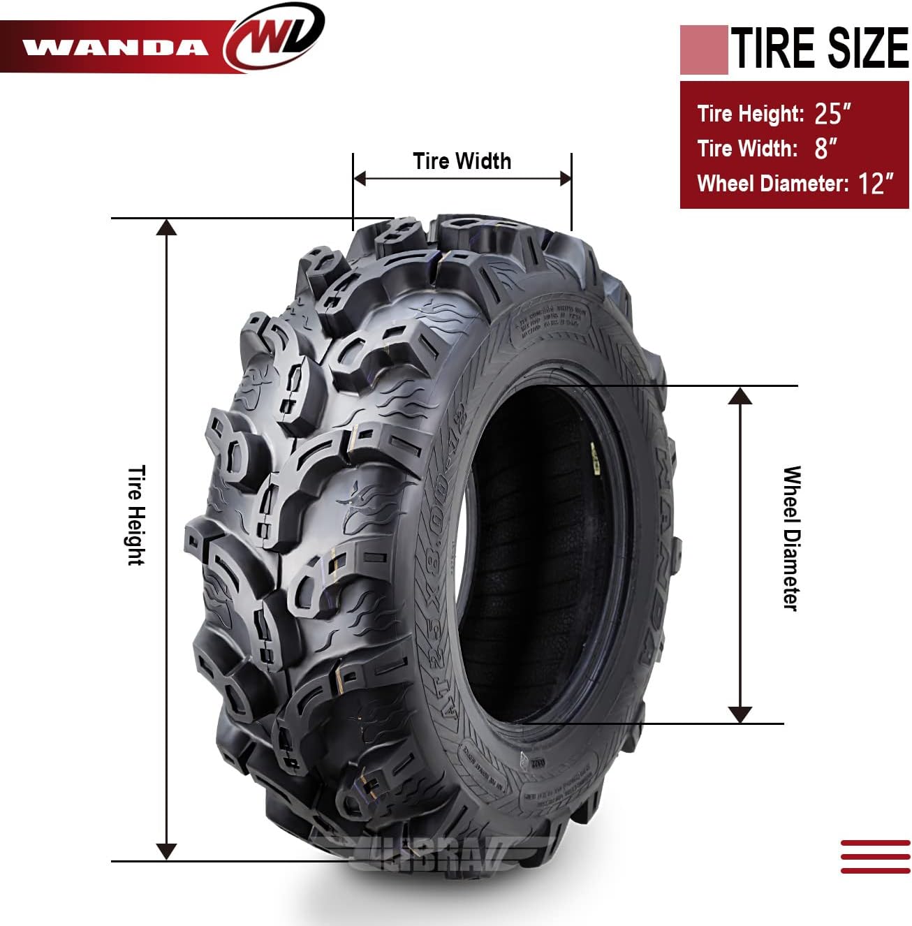WANDA 2 Premium UTV ATV Tires 25X8-12 25X8X12 Super Mud Snow 6PR P375-10212