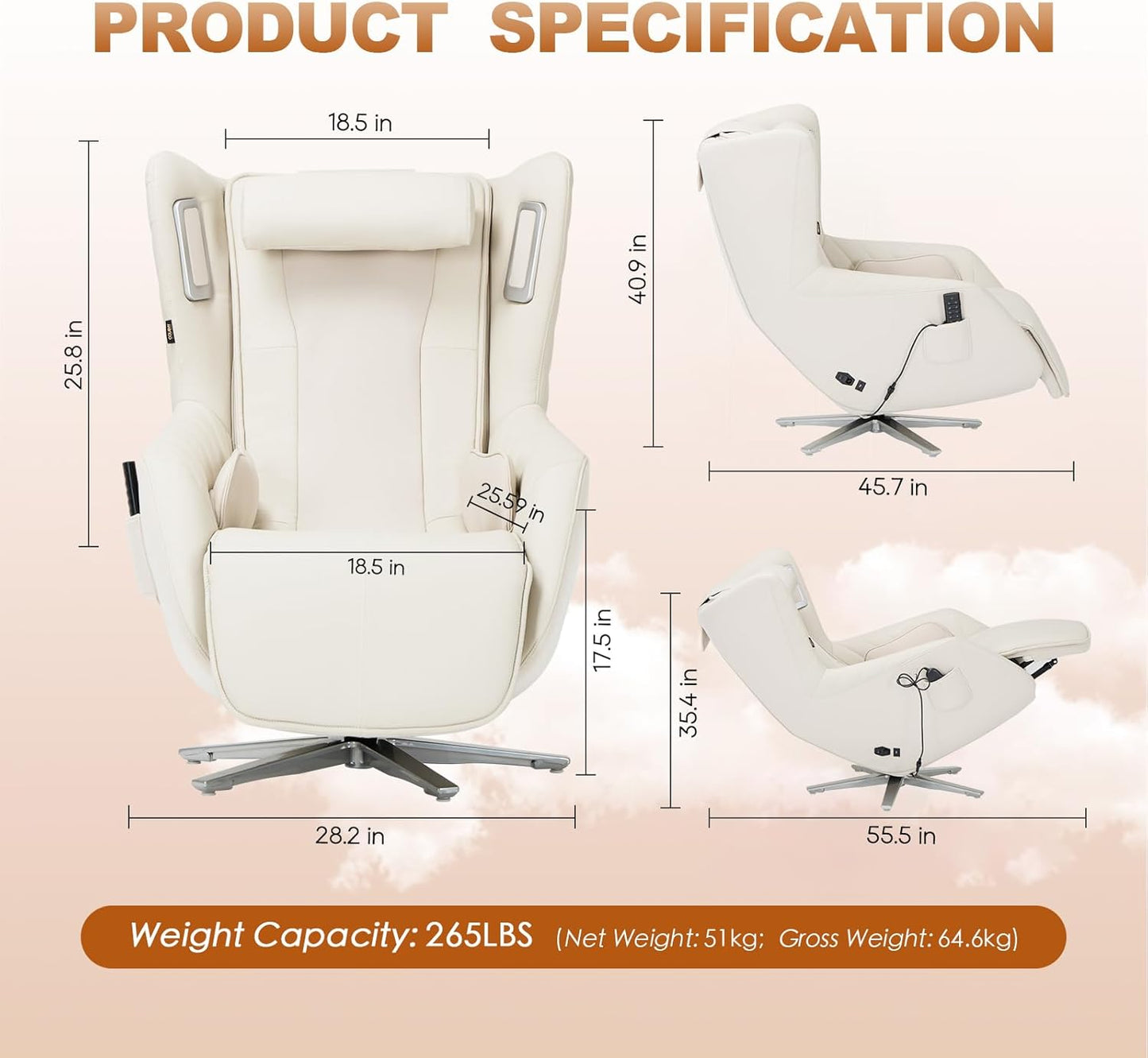 COLAMY Zero-Gravity Massage Chair | Massage and Leisure Dual-Use Chair,360° Swivel,Heat, Low-Noise 3D Bluetooth Speaker,Living Room, Bedroom（White