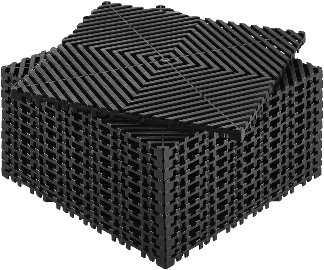 VEVOR Interlocking Drainage Mat, 12” x 12” Modular Interlocking Cushion, 50 Pcs Splicing Drainage Mats, Non-Slip Black PP Drainage Floor Tile and Shower Mat, for Garage, Garden, Kitchen & Outdoor