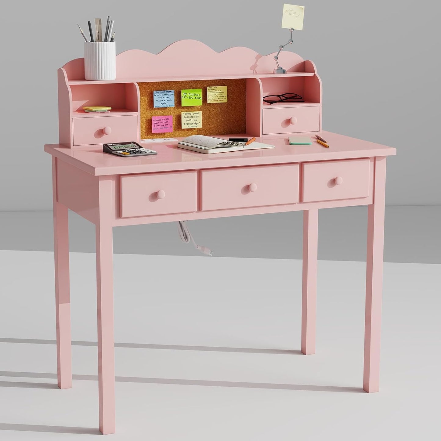 White Writing Desk with Hutch and Drawers, 36 Inch Home Office Desk with Charge Station, Computer Work Station with Storage Shelf