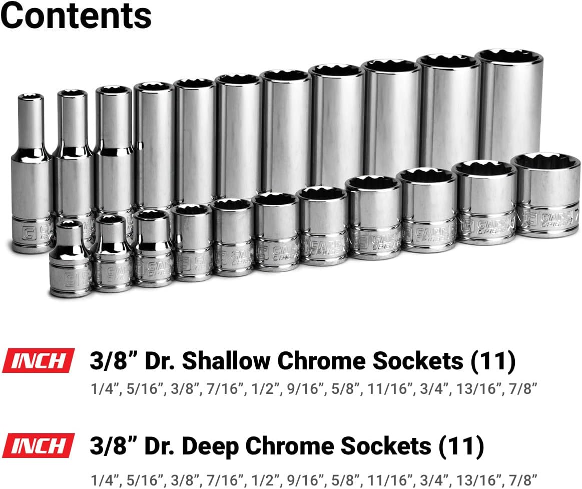 Capri Tools 3/8 in. Drive 12-Point Shallow and Deep Socket Set, SAE, 1/4 to 7/8 in, 22-Piece
