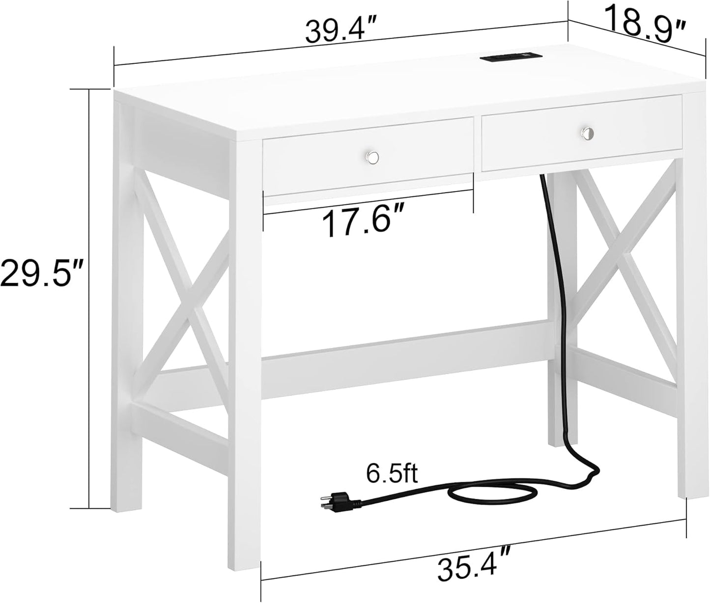 ChooChoo Computer Desk with USB Charging Ports and Power Outlets, 39" White Desk with Drawers, Small Study Writing Table with Stable X Frame for Home Office