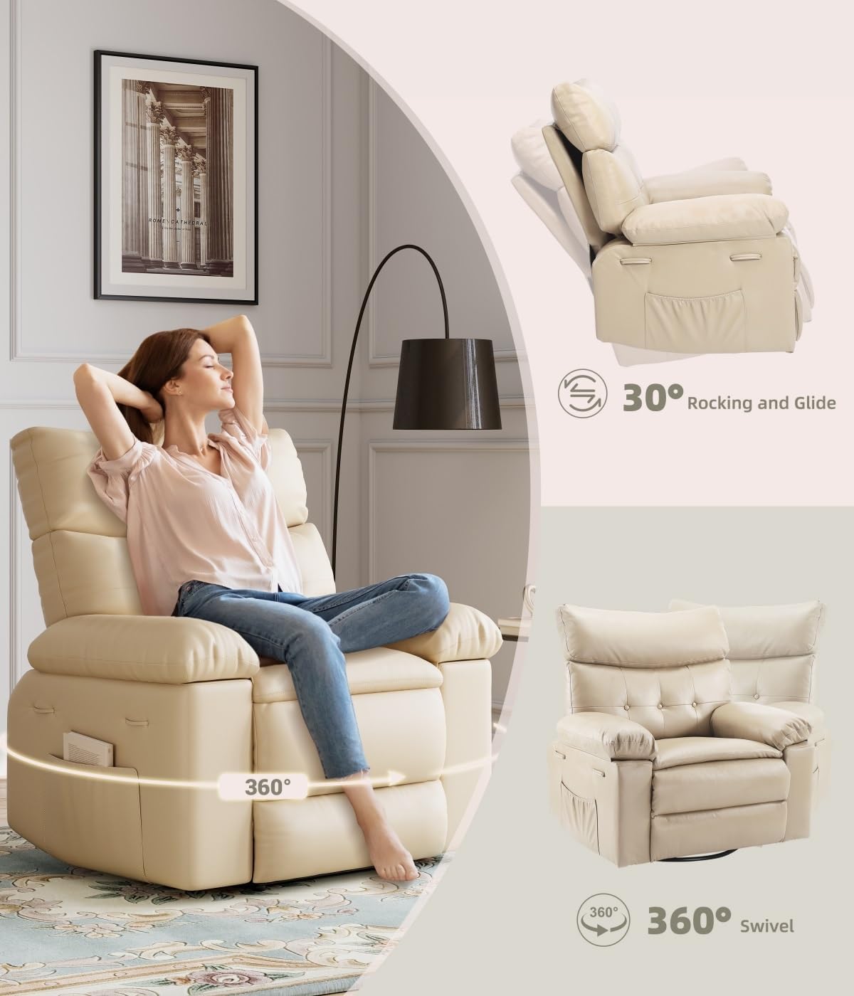 27" Oversized Recliner Chairs with Heat and Massage - 360° Swivel Lazy Recliner Chair for Adults- Manual Rocking Chair with Remote Control for Living Rooms, Bedrooms and Nurseries - Creamy