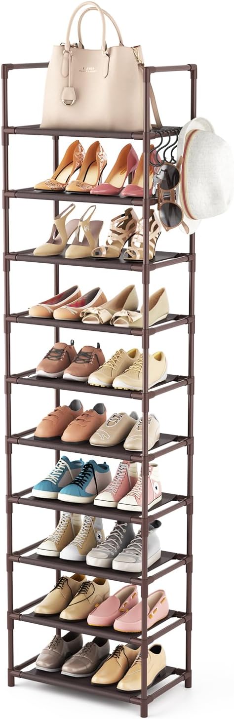 10 Tiers Tall Shoe Rack 20-25 Pairs Boots Organizer Storage Sturdy Narrow Shoe Shelf for Entryway, Closets with Hooks, Black