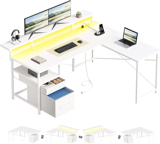 63" Gaming Desk with LED Lights, L Shaped Desk with Monitor Stand, Computer Desk with Drawers, PC Desk with Outlets, Office Desk with Monitor Stand, White