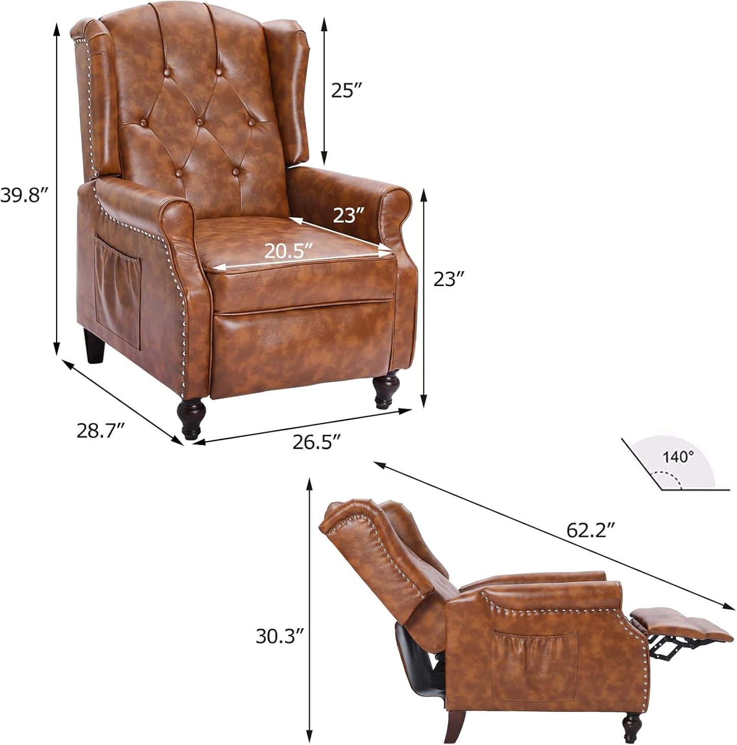 Wingback Recliner Chair, Push Back Arm Chair with Heat and Massage, PU Leather Single Sofa for Home, Living Room, Office, Bedroom(Cognac Brown,Set of 2)