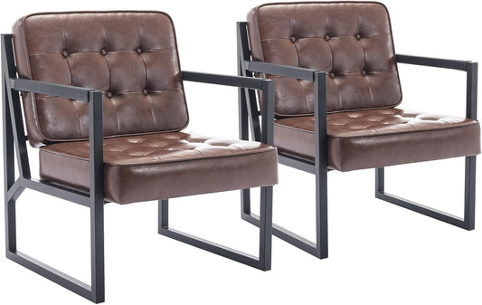 COLAMY Leather Accent Chairs Set of 2, Accent Arm Chairs for Living Room, Comfy Leather Armchairs with Metal Legs for Bedroom Reception Room, Brown