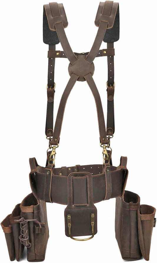 Tourbon Tool Belt with Suspenders Carpentry Multipurpose Rig Pockets Organizer Electrician Tools Pouch Holder Genuine Leather Bag for Construction Framers