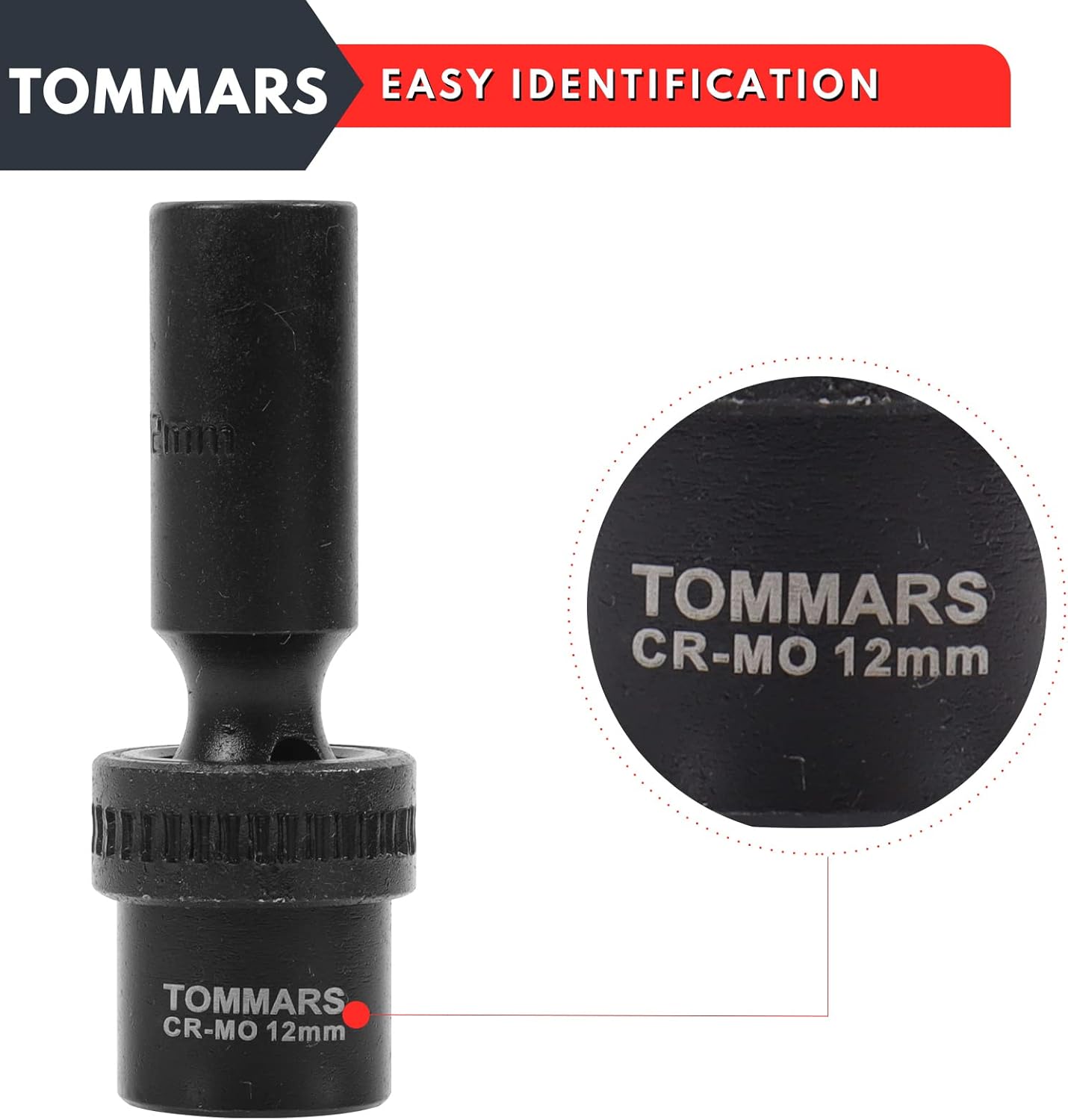 TOMMARS 3/8" Drive Universal Swivel Impact Socket Set Deep, 6 Point Wobble Flexible Socket Set Metric 10-19 mm CR-MO Steel