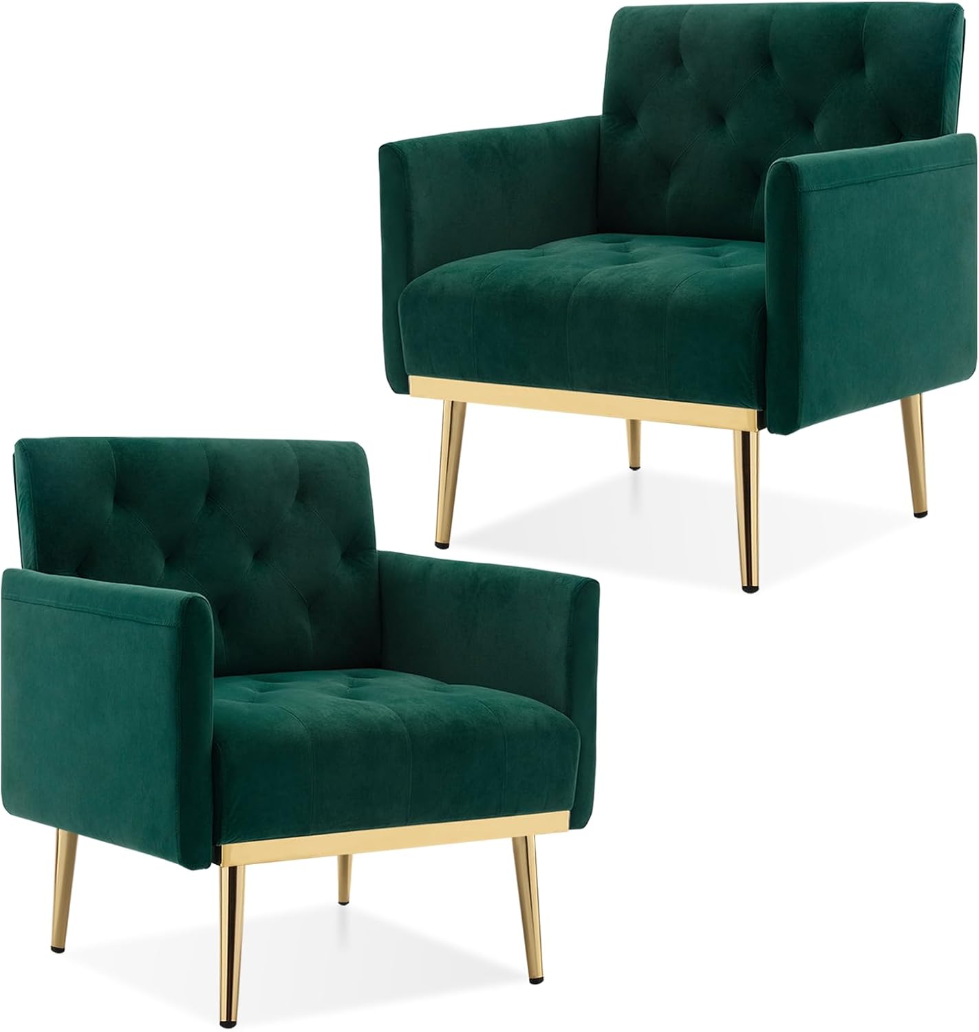 Black Velvet Accent Chairs Set of 2, Comfy Button Tufted Armchair, Upholstered Arm Chair Single Sofa Reading Chairs with Arms and Gold Metal Leg for Living Room Bedroom Nursery Office