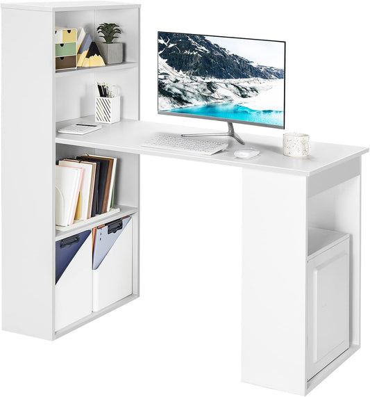AUGESTER Computer Desk with Bookcase, Desk Bookshelf Cabinet 3 in 1 Functional Table, Compact Computer Workstation with Storage Shelf and CPU Holder, Suitable for Home & Office (White)
