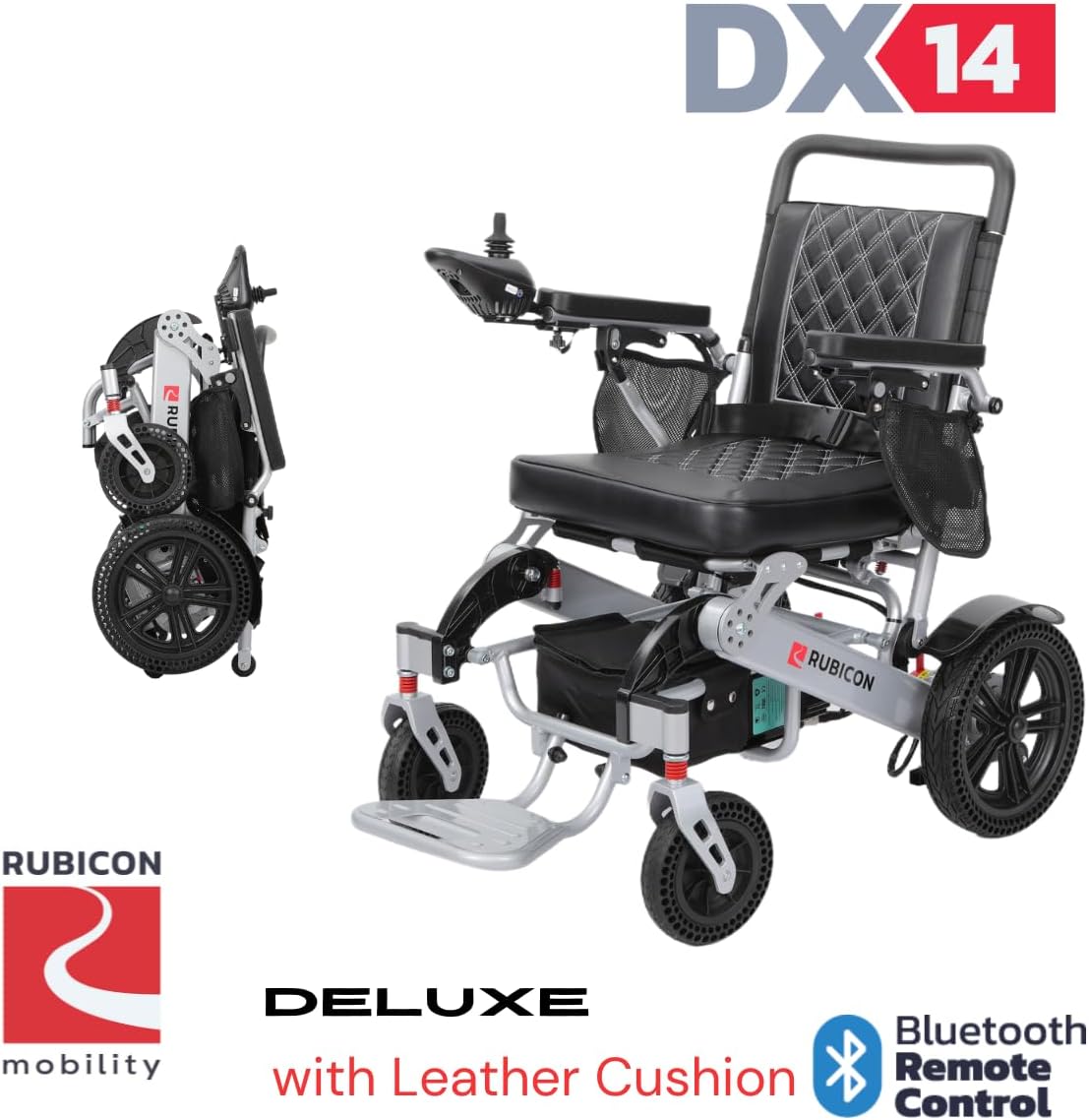 Rubicon DX14 - Longest Range 30 Miles, Airline Approved Electric Wheelchair, Dual 12AH Lithium Batteries, 2x300W Motors, Leather Cushion, Foldable, Lightweight & Powerful (Model1)