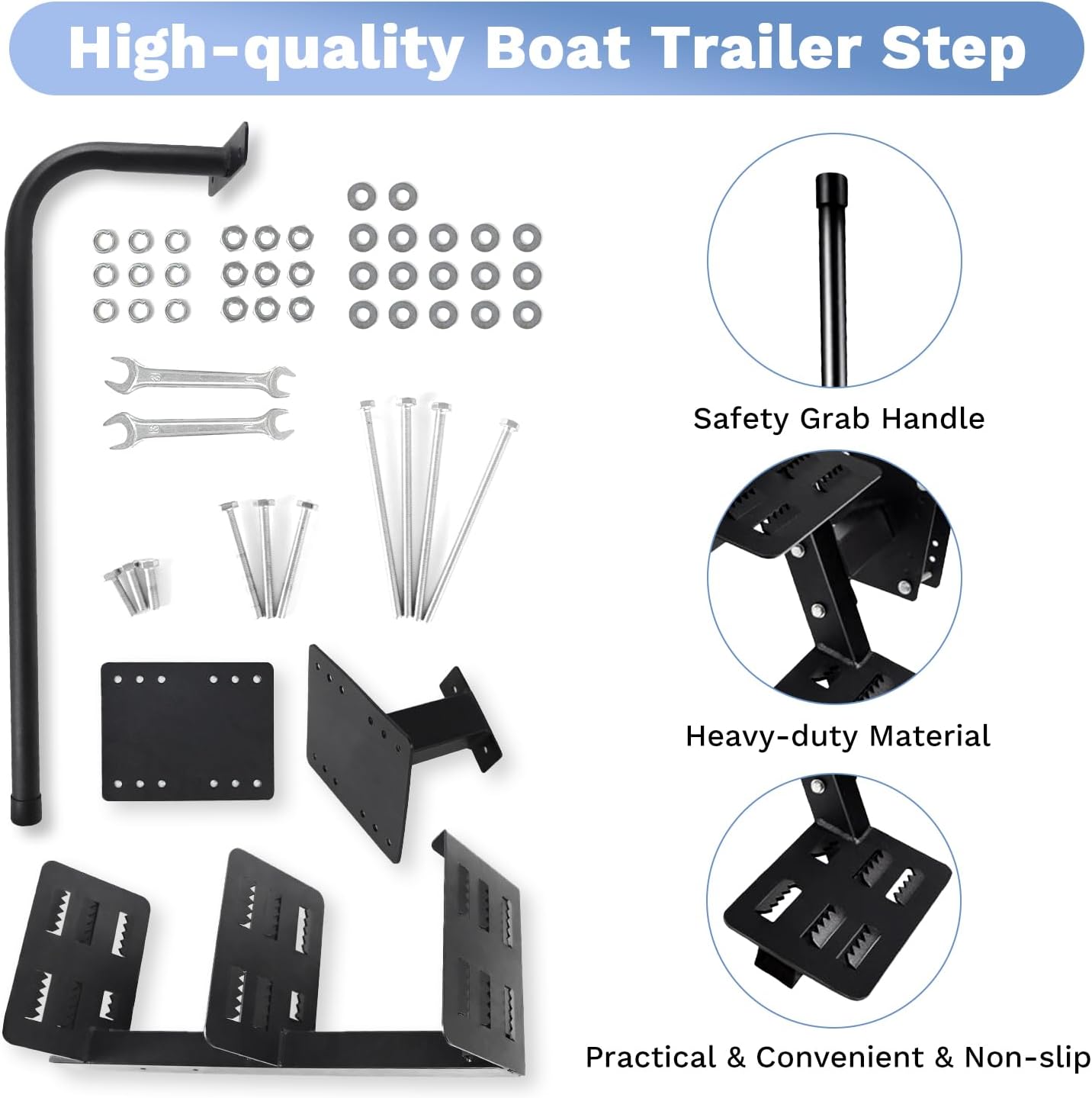 3 Steps Heavy Duty Boat Trailer Steps, 500 lbs Capacity Boat Trailer Ladder with Non-Slip Surface, Universal Fit Boarding Steps for Bass Boat, Pontoon Boat, Loading Gear or Fishing