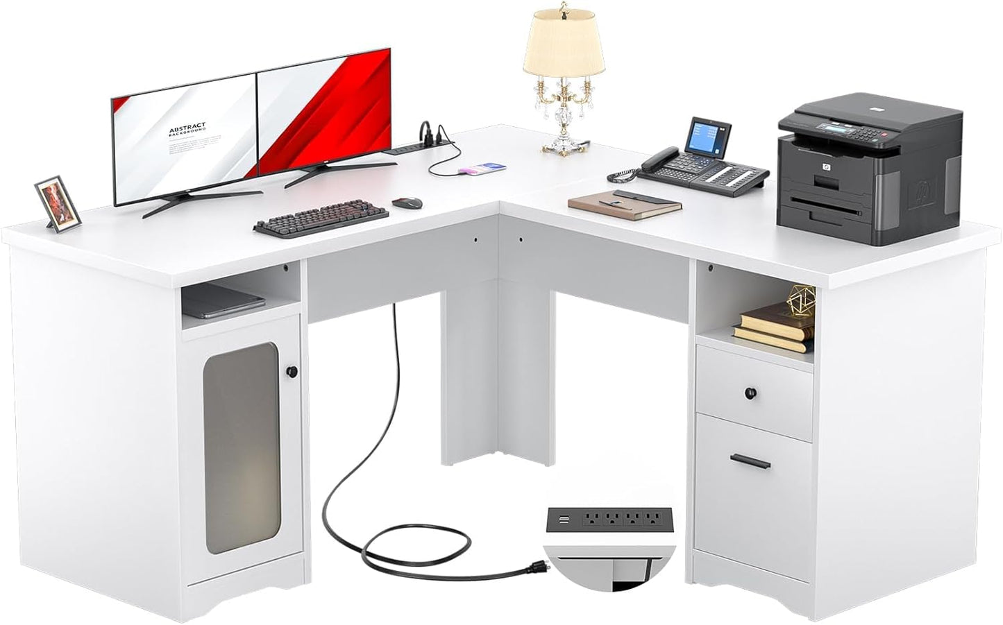 Unikito L Shaped Office Desk with Drawer, 60 Inch Computer Desk with Power Outlet & USB Charging Port, Large Corner Desk with File Cabinets, 2 Person Sturdy Executive Desk with Storage Cabinet, Black
