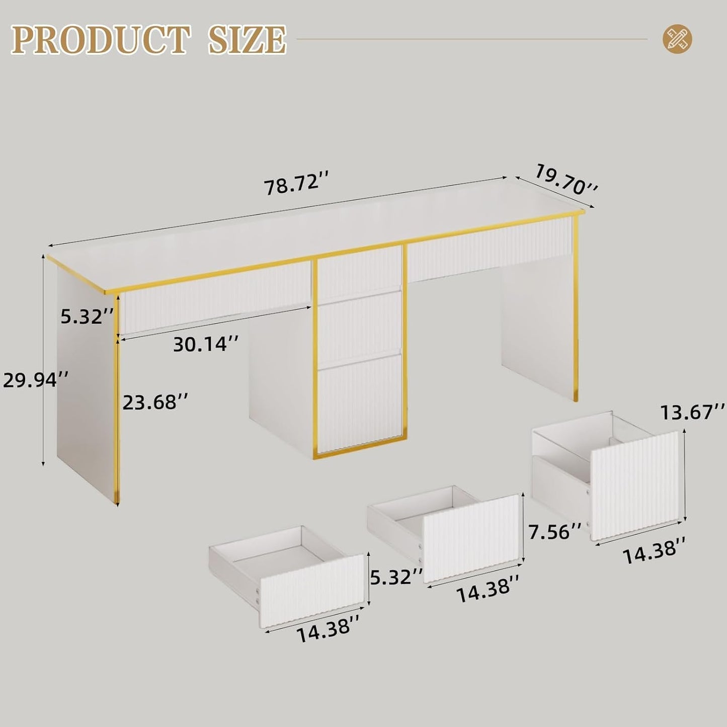 4 EVER WINNER Two Person White Desk with Drawers, 78.72 Inch Extra Long Computer Desk with 5 Storage Drawers, Study Writing Desk with Storage Shelves for Home Office, White and Gold Desk