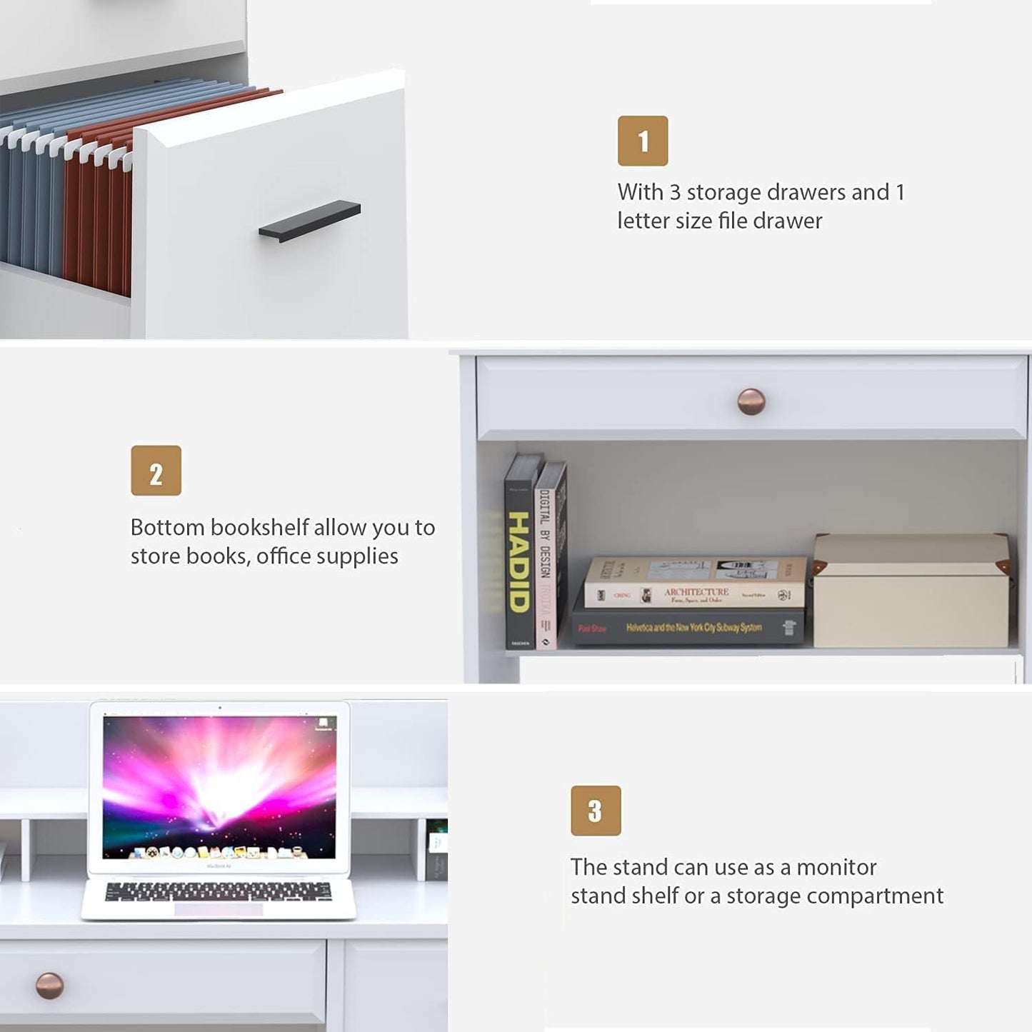 White Desk with Drawers and Storage, Home Office Desk Computer Desk with 4 Drawers & Hutch, Home Desk Small White Desk with Drawers for Bedroom, Home Office, White