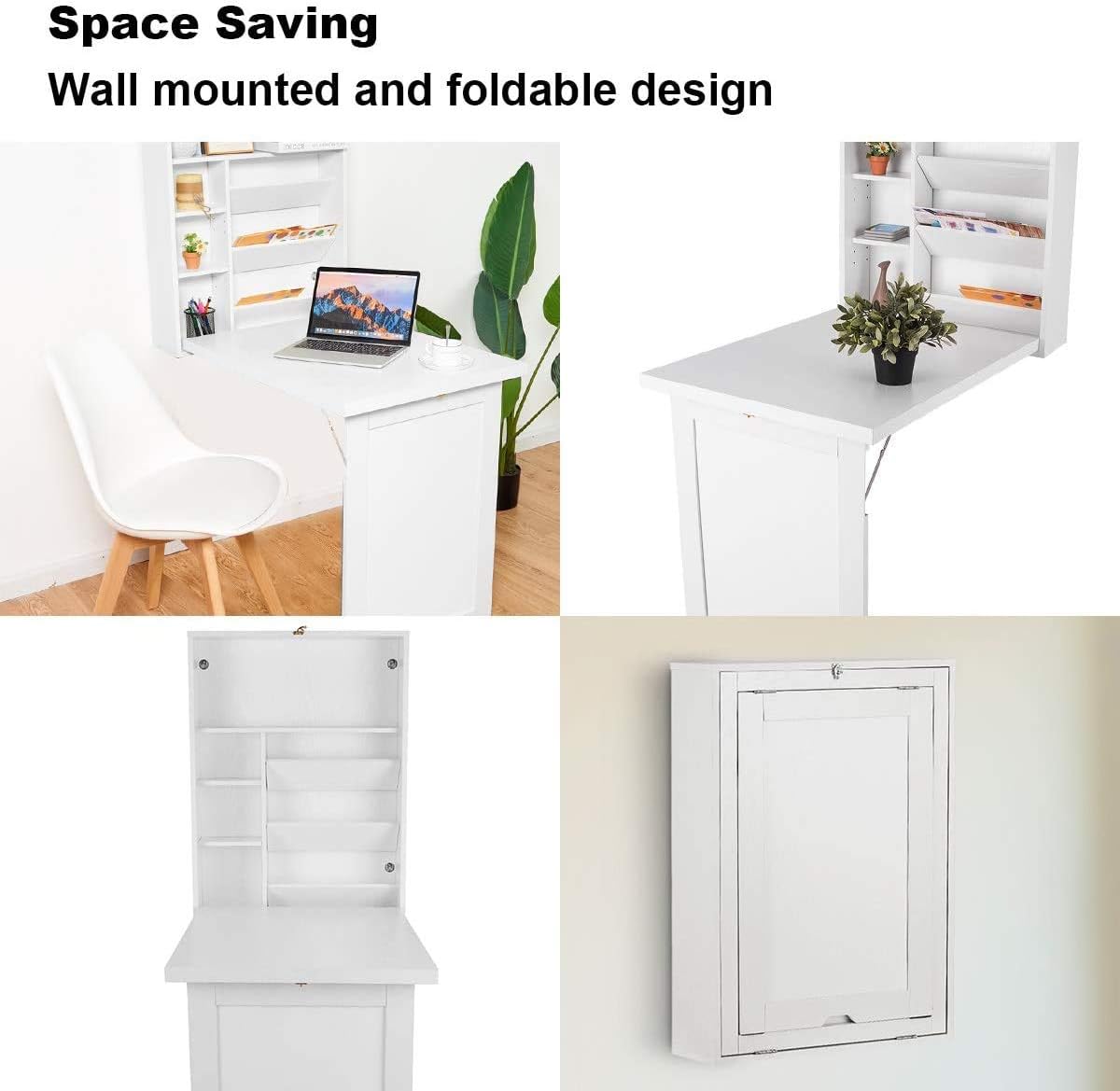 ARLIME Wall Mounted Table, Classified Storage Desk, Foldable Multiple-purpose Table, Work Station with Storage Shelves, Floating Convertible Cabinet, for Apartment, Home Office Desks (White)