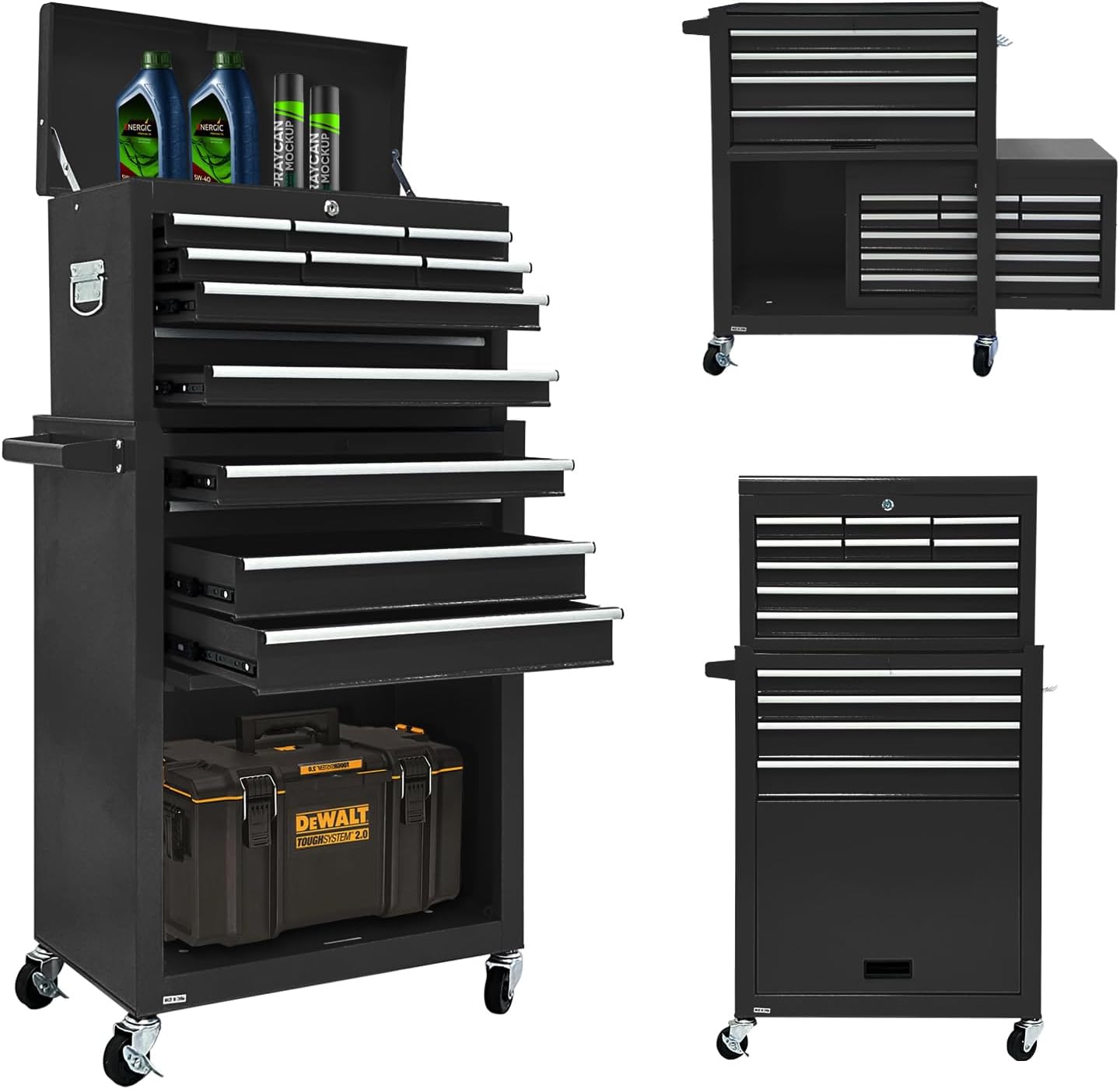 13-Drawer Rolling Tool Chest, 2 in 1 Detachable Tool Chest,Tool Box with Drawers and Wheels, Large Tool Cabinet with Lock, Metal Standing Toolbox for Garage Workshop-Gray&White