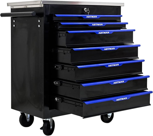 7-Drawer Heavy-Duty Rolling Steel Tool Cart with Handle&Wheels, Metal Storage Organizer Cabinet, Tool Chest for Efficient Tool Storage in Garage, Warehouse, Workshop, Repair Shop, Blue