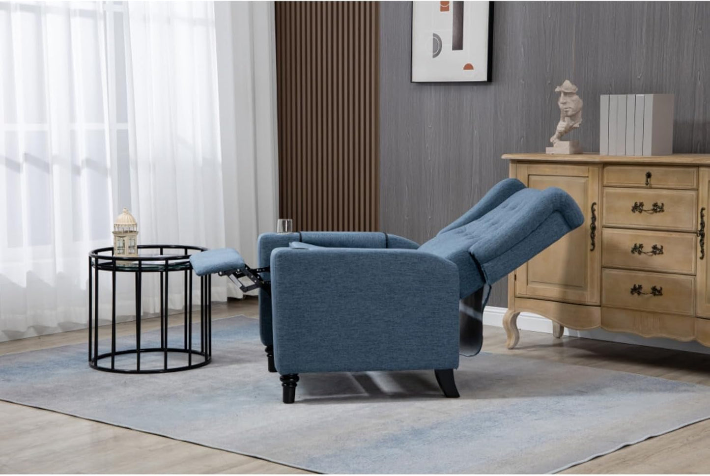 Arm Pushing Recliner Modern Button Tufted Wingback Push Back Recliner Living Room Chair Fabric Pushback Manual Single Reclining Sofa Home Theater Seating for Bedroom (Navy Blue)