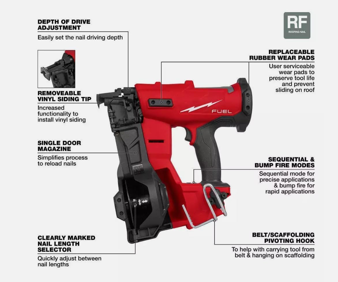 2909-20 For Milwaukee M18 FUEL 18V Cordless Li-Ion Coil Roofing Nailer - Bare Tool，Tools and Equipment