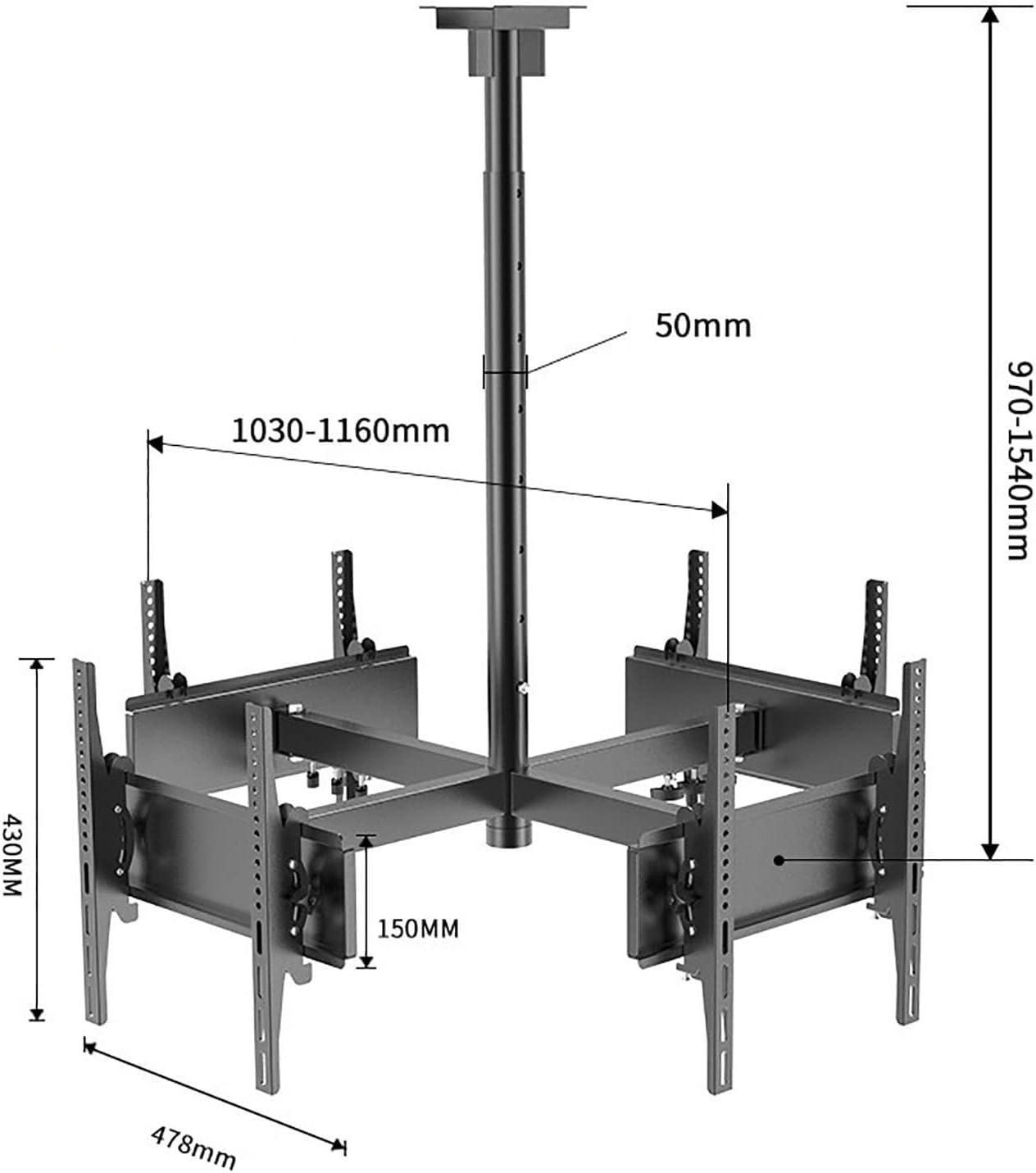 Ceiling TV Mount Bracket - Four Sided Ceiling TV Mount Bracket, 32-50 Inch Full Motion, 4 Movement Flat/Curved Screen Bracket, Telescopic Height Adjustment