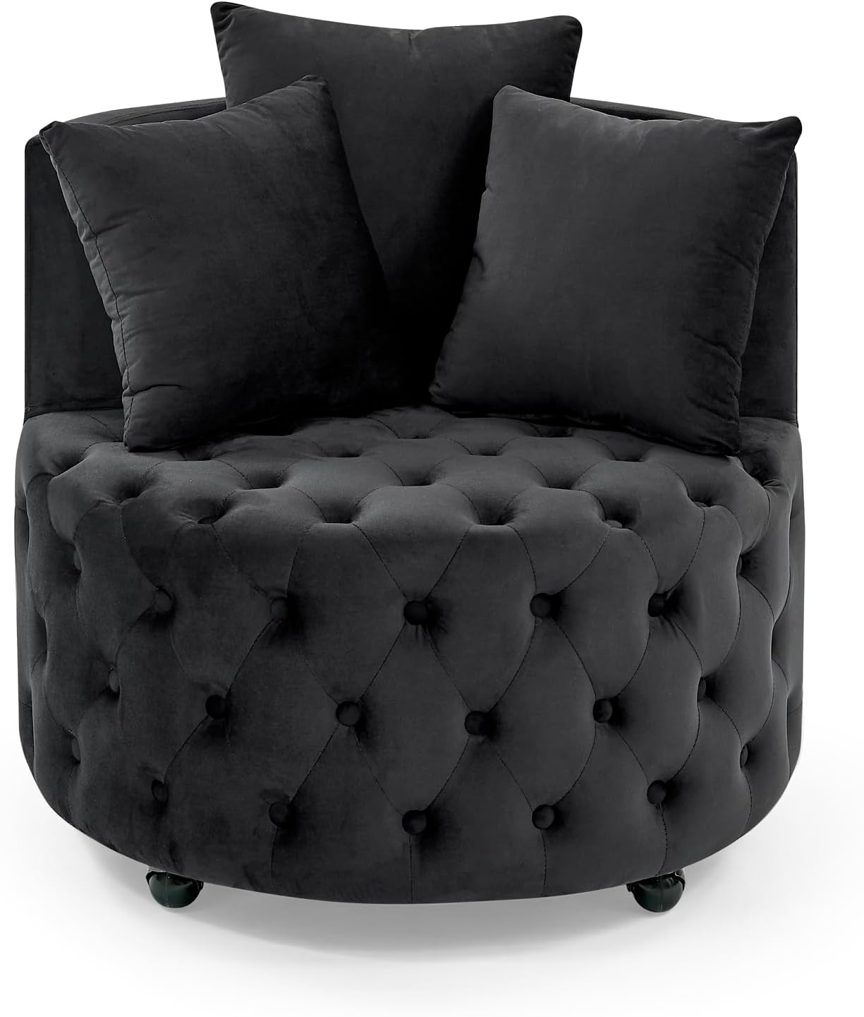 Velvet Upholstered Swivel Chair, Comfy Corner Chair with Button Tufted Design and Movable Wheels, Including 3 Pillows for Living Room (Beige)