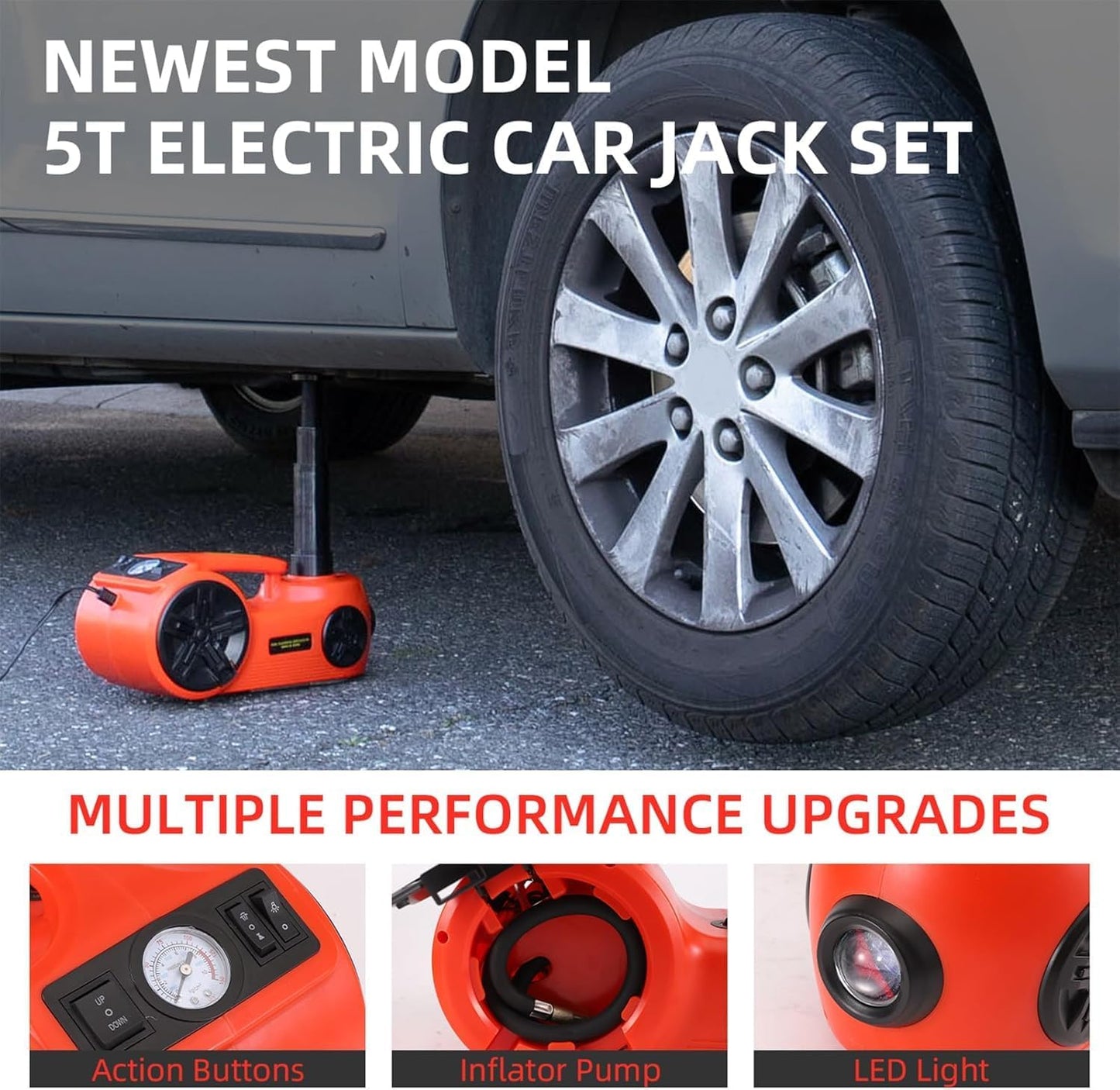 ROGTZ Upgraded Electric Hydraulic Car Jack Kit 5 Ton 12V Portable Lift Range 20.9 Inch with Tire Inflator Pump for SUV Sedan Truck Repair Floor Jack for Tire Change with LED Light Jack Only