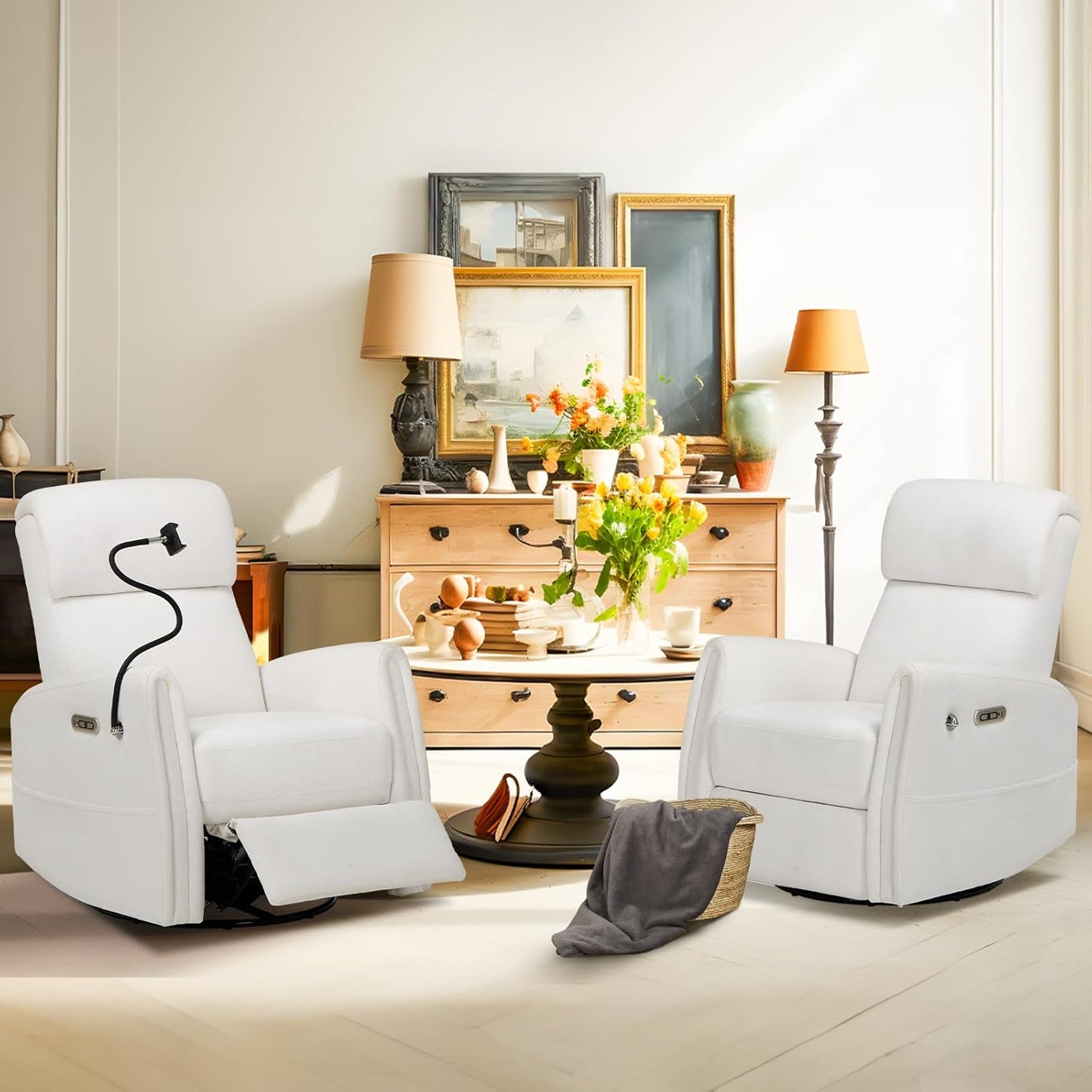 COLAMY Power Recliner Chairs Swivel Glider Rocker for Nursery, Upholstered Fabric Living Room Rocking Reclining Single Sofa Chair with 2 Device Holders, White, Set of 2