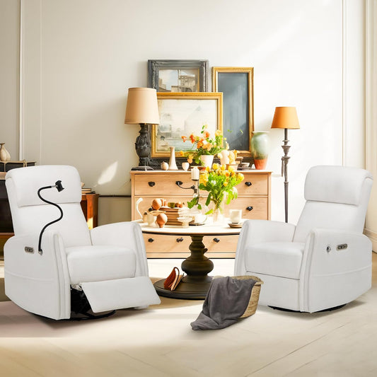COLAMY Power Recliner Chairs Swivel Glider Rocker for Nursery, Upholstered Fabric Living Room Rocking Reclining Single Sofa Chair with 2 Device Holders, White, Set of 2
