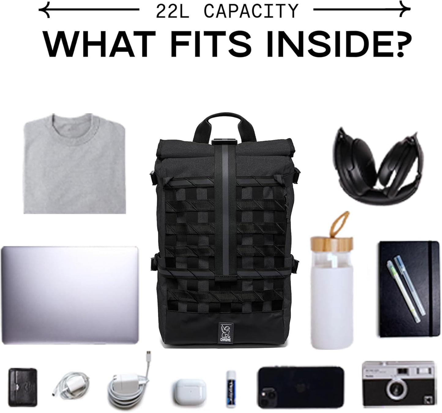 Chrome Industries Barrage 22L Black Roll-Top Backpack – Water Resistant Bag for Work, School, Travel – Features Cargo Net & Laptop Pocket