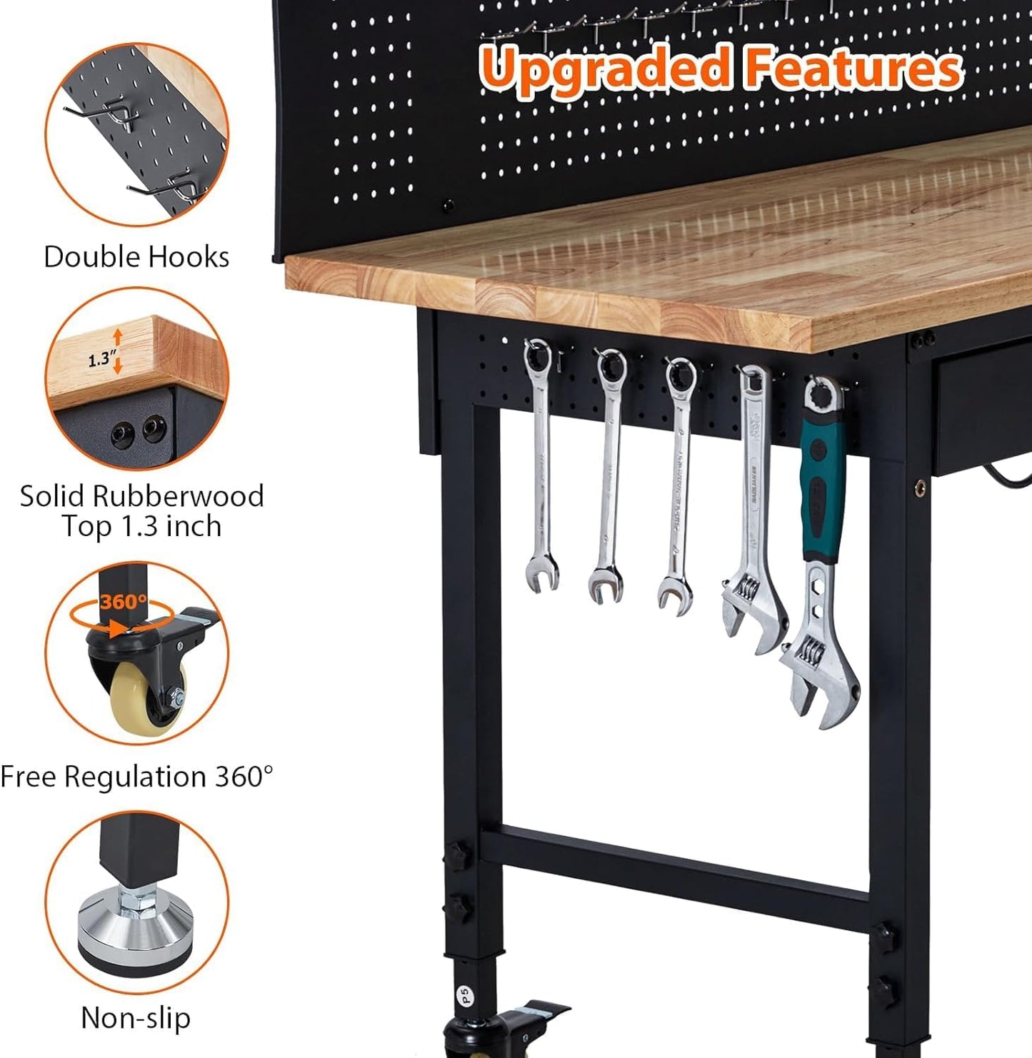 Workbench 60" x 22" Adjustable Height Worktable, Heavy Duty Rubber Wood Top, 2000 LBS Load Capacity, Tool Storage Workstation with Drawer, Pegboard, Power Outlets & Lockable Wheels, with Drawer Back