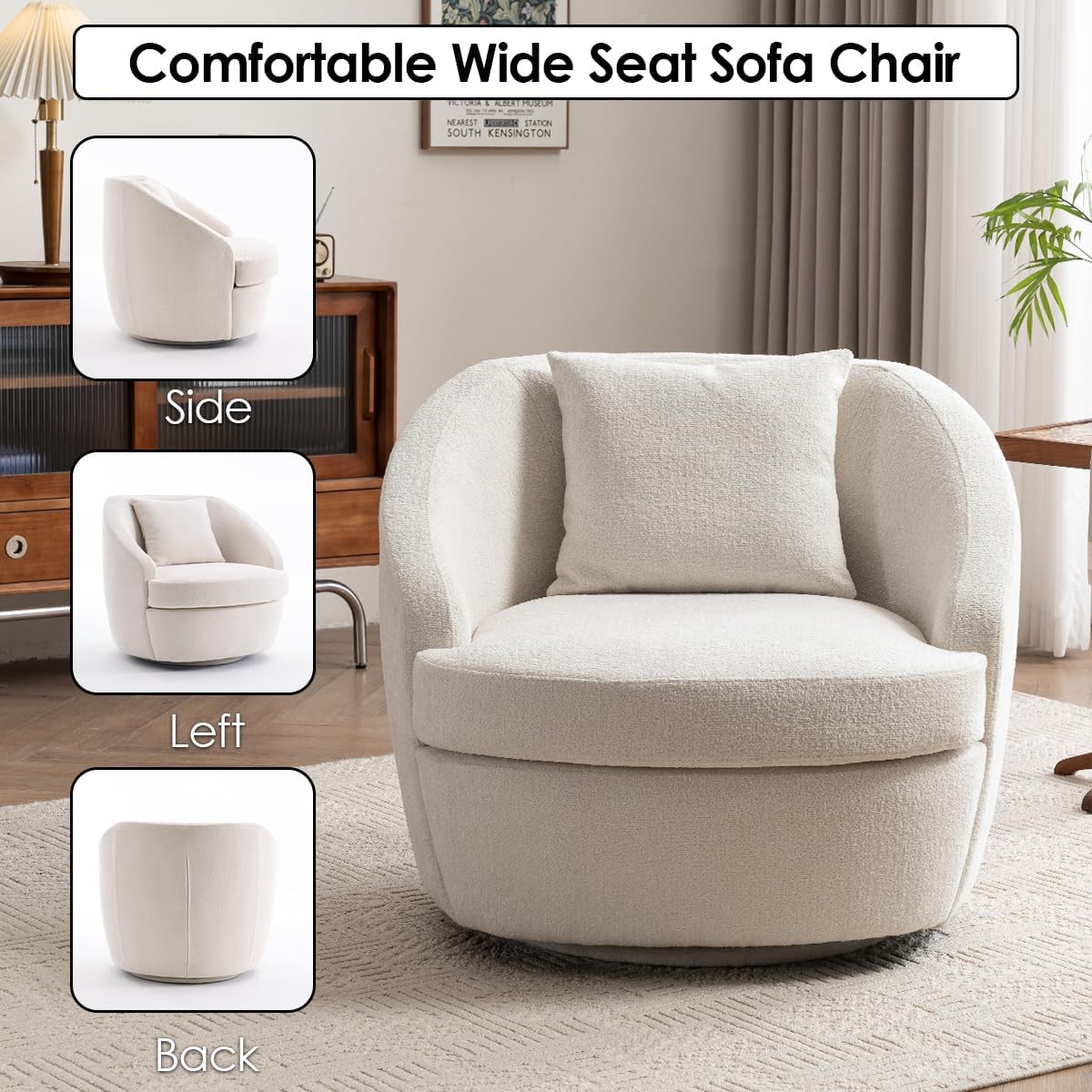 Rowill 360° Swivel Accent Chair, Modern Upholstered Boucle Fabric Single Armchair with Back Pillow, 33” Wide Cozy Round Barrel Living Room Chair for Bedroom, Reading Nook, Club Nursery, White