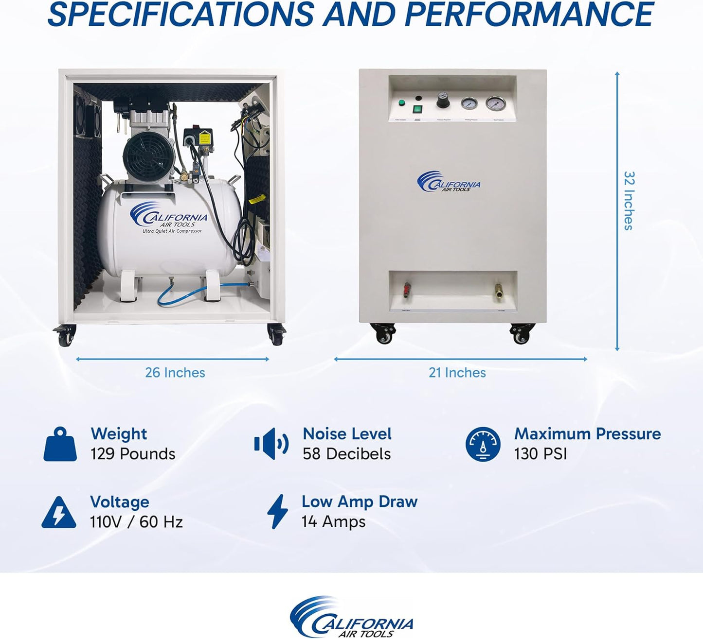 California Air Tools 10020SPC 2.0 HP Ultra Quiet and Oil-Free Air Compressor, 10 Gallon Tank, 58 dB Noise Level, in Sound Proof Cabinet