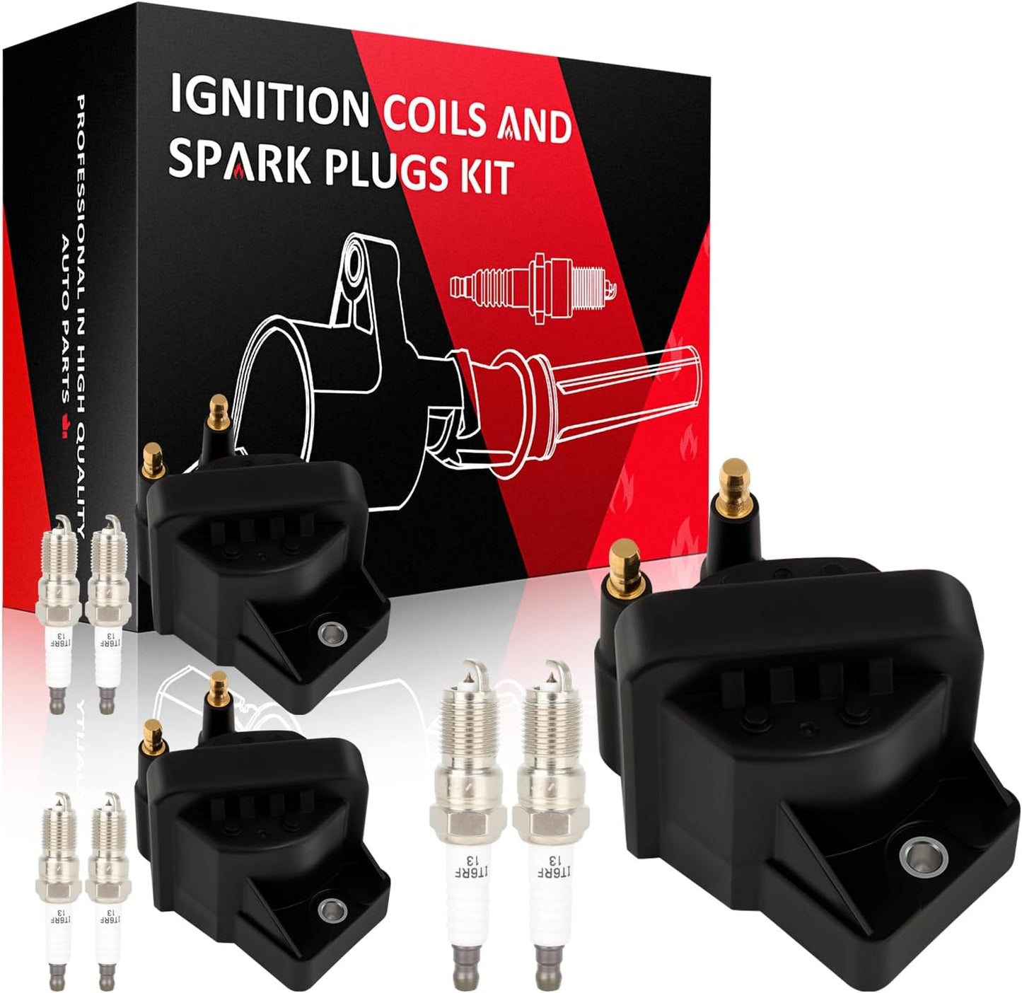 SCITOO ignition coils 4+Spark Plugs 4 4pcs Replacement for P-assat 1.8L 2001-2005,for J-etta 1.8L 2001 2002 2003 2004 2005,for A-udi A4 1.8L 2001-2007 Replace UF411 UF-437, UF-580, CO044