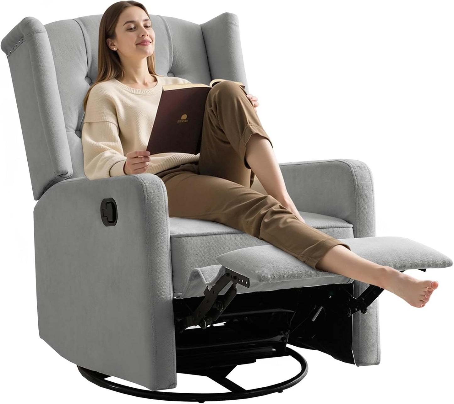 ABAKAN Swivel Rocker Recliner Chair, 360 Degree Nursery Rocking Recliner, Linen Glider Chair with Button Tufted Wingback Chair, for Living Room, Bedroom,Ash Beige