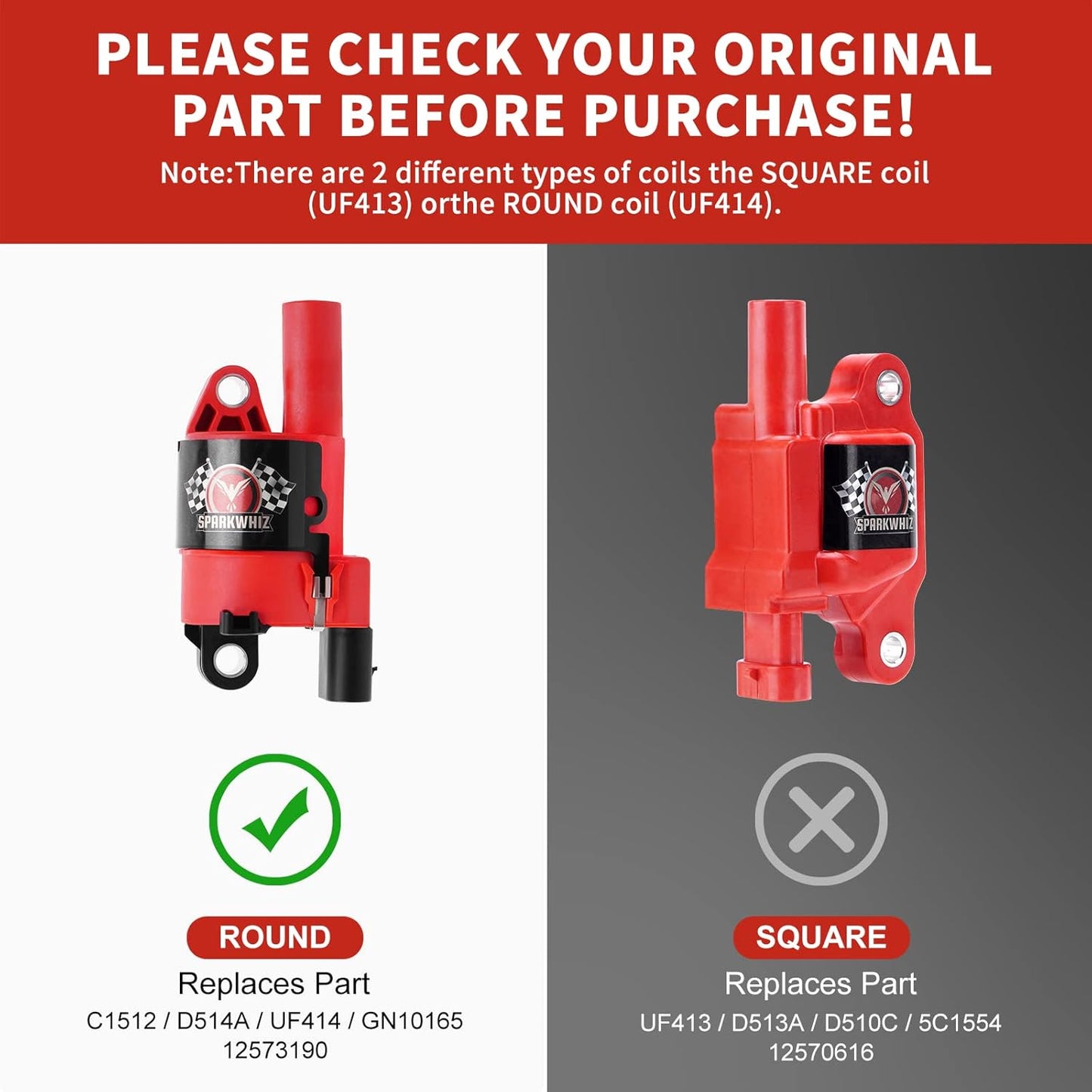 Set of 8 Round Ignition Coil UF414 + 748UU Spark Plug Wire Set, Compatible with Chevrolet GMC Pontiac Impala Corvette Tahoe Express Escalade Silverado 1500 2500 3500, Replacement for C1512 UF414 D514A