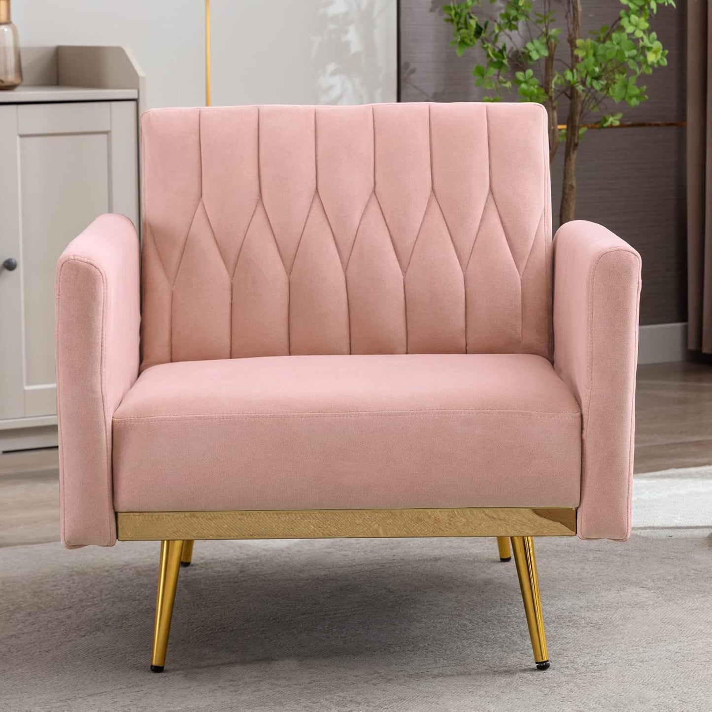 Velvet Accent Chair with Ottoman Modern Upholstered Tufted Armchair, Comfy Single Sofa Chair with Golden Metal Legs and Adjustable Arms for Living Room Bedroom Reading Room Office Pink