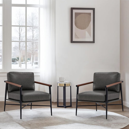 Watson & Whitely Mid Century Modern Accent Chair Set of 2, Faux Leather Armchair Comfy Upholstered Lounge Reading Chair for Living Room Bedroom Cafe Waiting Room, Dark Grey