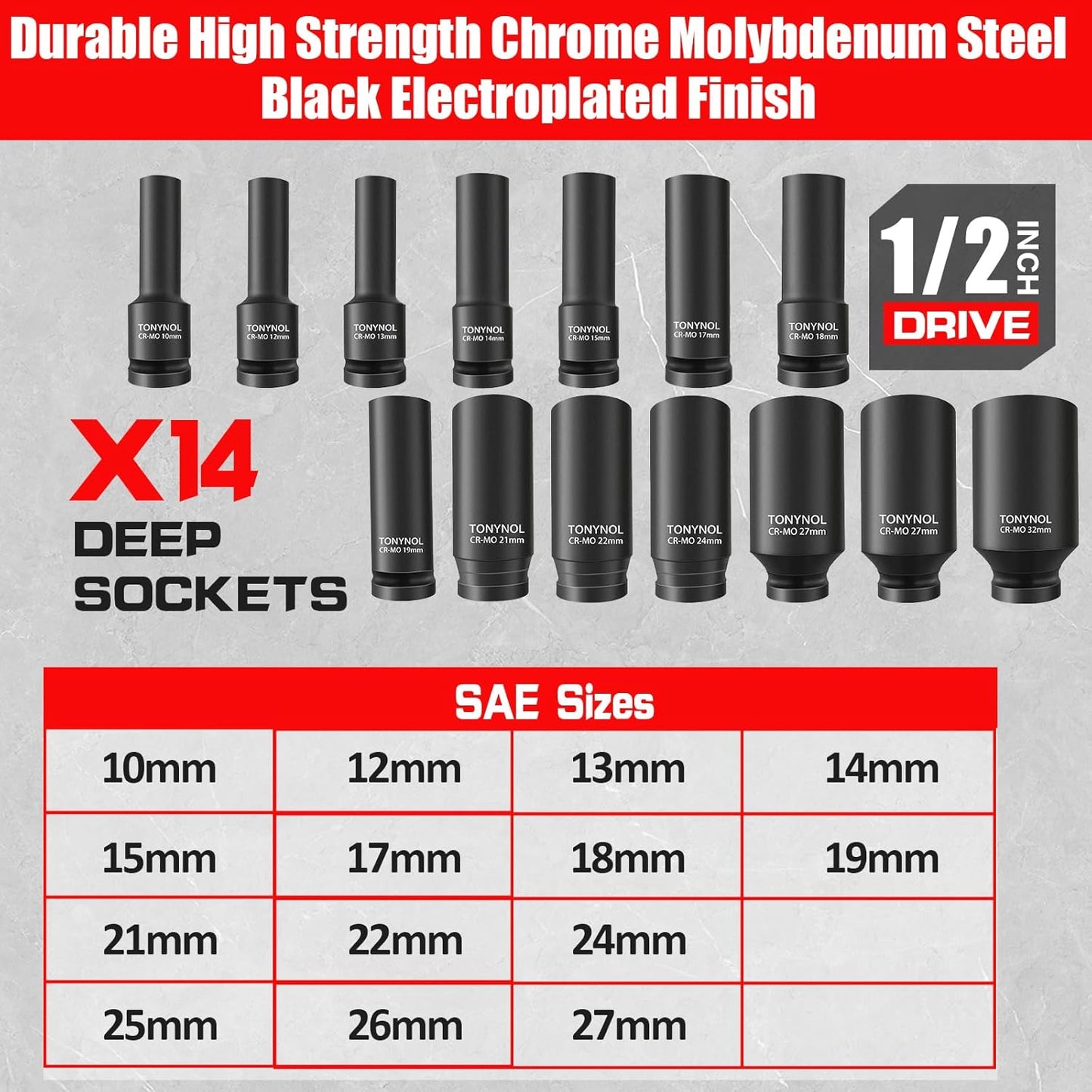 1/2 Inch Deep Drive Impact Socket Set,12-Point,Metric (10mm-32mm),14 Pcs,Cr-Mo Steel,With a Storage Case