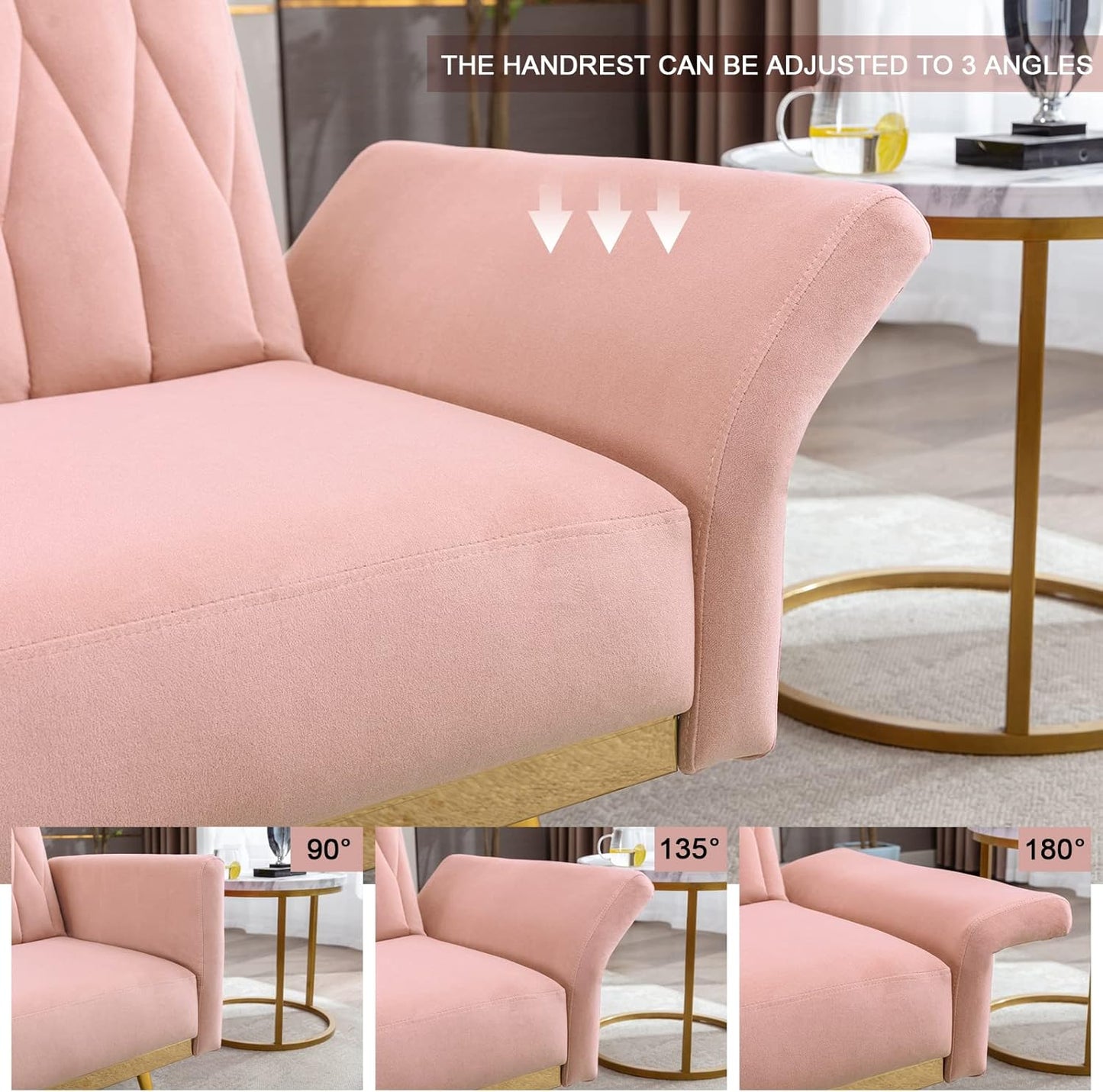 Velvet Accent Chair with Ottoman Modern Upholstered Tufted Armchair, Comfy Single Sofa Chair with Golden Metal Legs and Adjustable Arms for Living Room Bedroom Reading Room Office Pink