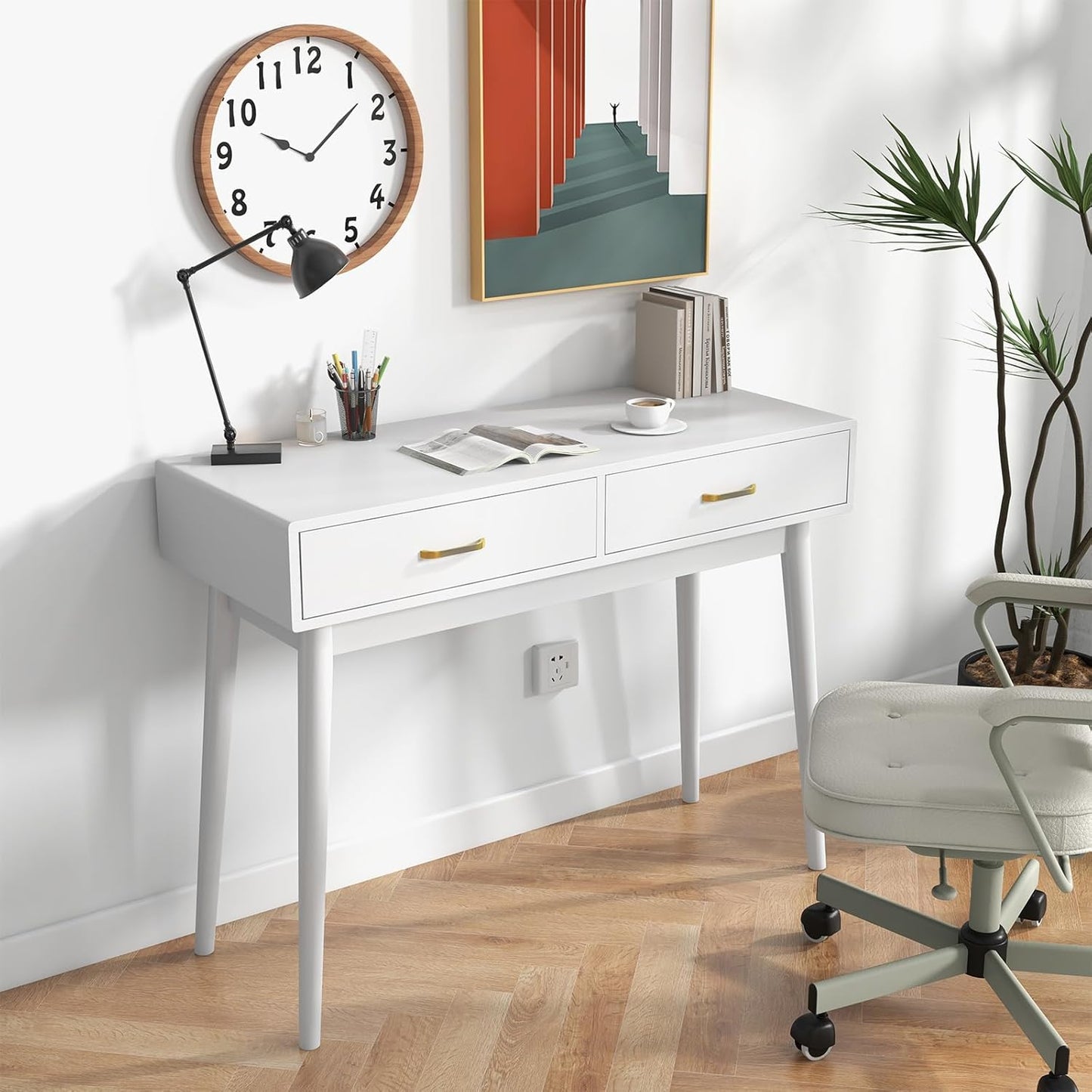 White Small Desk with Drawers - 40 Inch White Home Office Study Writing Desk for Bedroom, Vanity Desk with 4 Solid Legs, Modern Computer Desk for Small Spaces