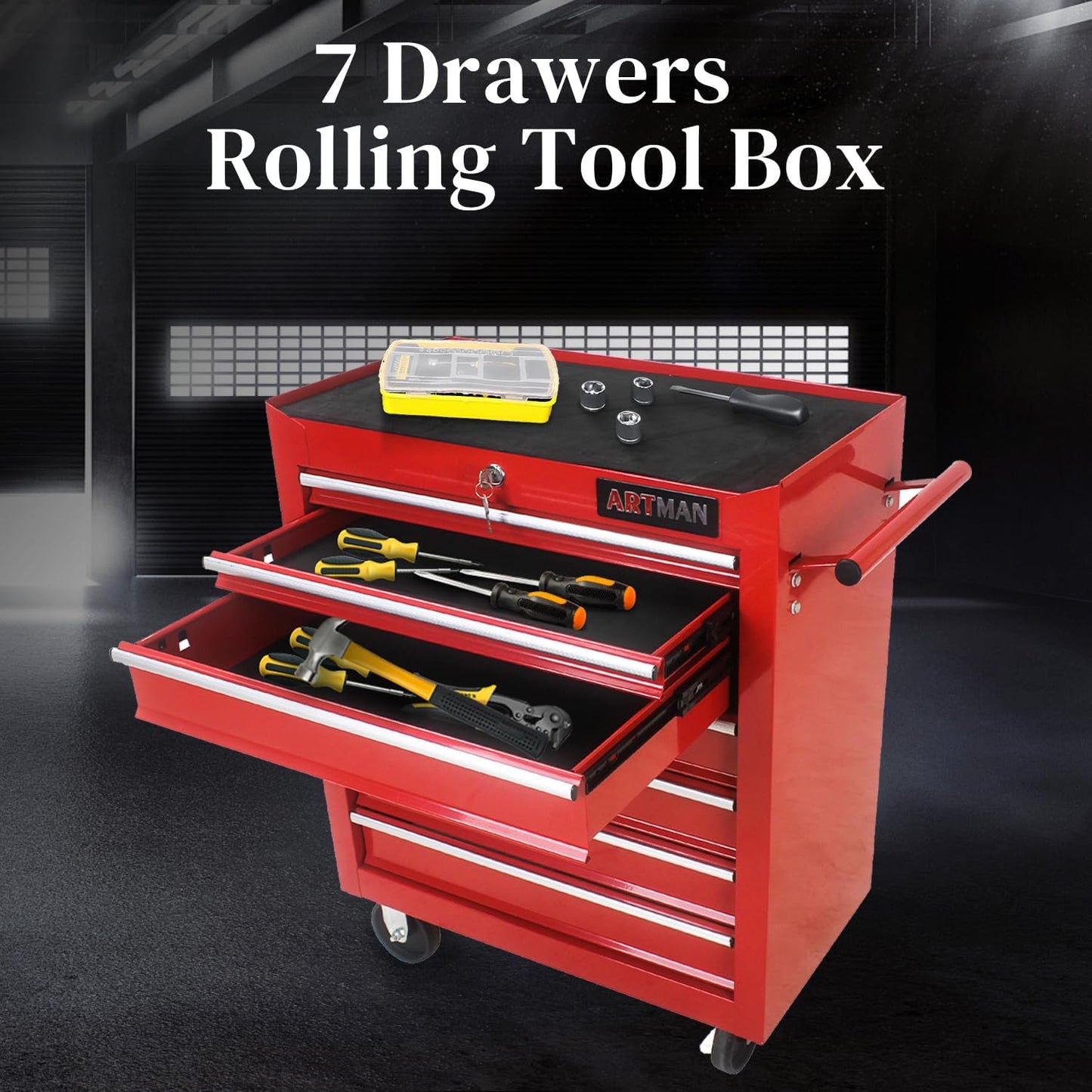 Rolling Tool Chest with 7-Drawer Tool Box with Wheels Multifunctional Tool Cart Mechanic Tool Storage Cabinet for Garage, Warehouse, Workshop, Repair Shop (Red)
