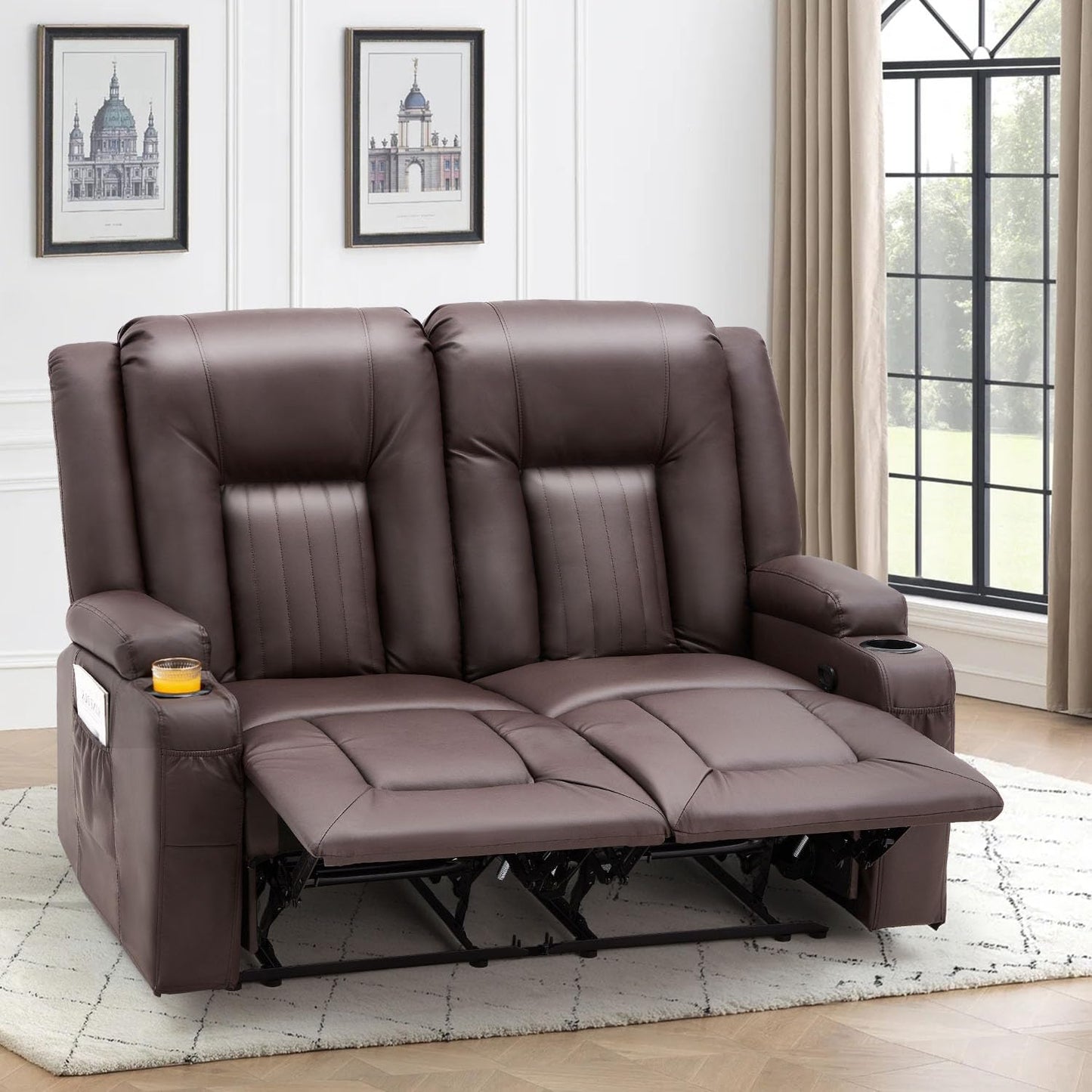 YODOLLA Massage Manual Recliner Chair with Heat, Leather Rocking Swivel Chair Lazy Boy Recliner Chair w/ 2 Side Pockages, 2 Cup Holders for Living Room, RV, Cream White