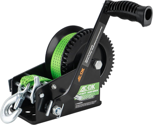 AC-DK 3200lbs Heavy Duty Boat Trailer Winch with 32FT Strap，2-Way Ratchet 4:1/8:1 Gear Trailer Winch，Portable Hand Crank Winch for Boat, Truck, Trailer, RV, ATV, Jet Ski