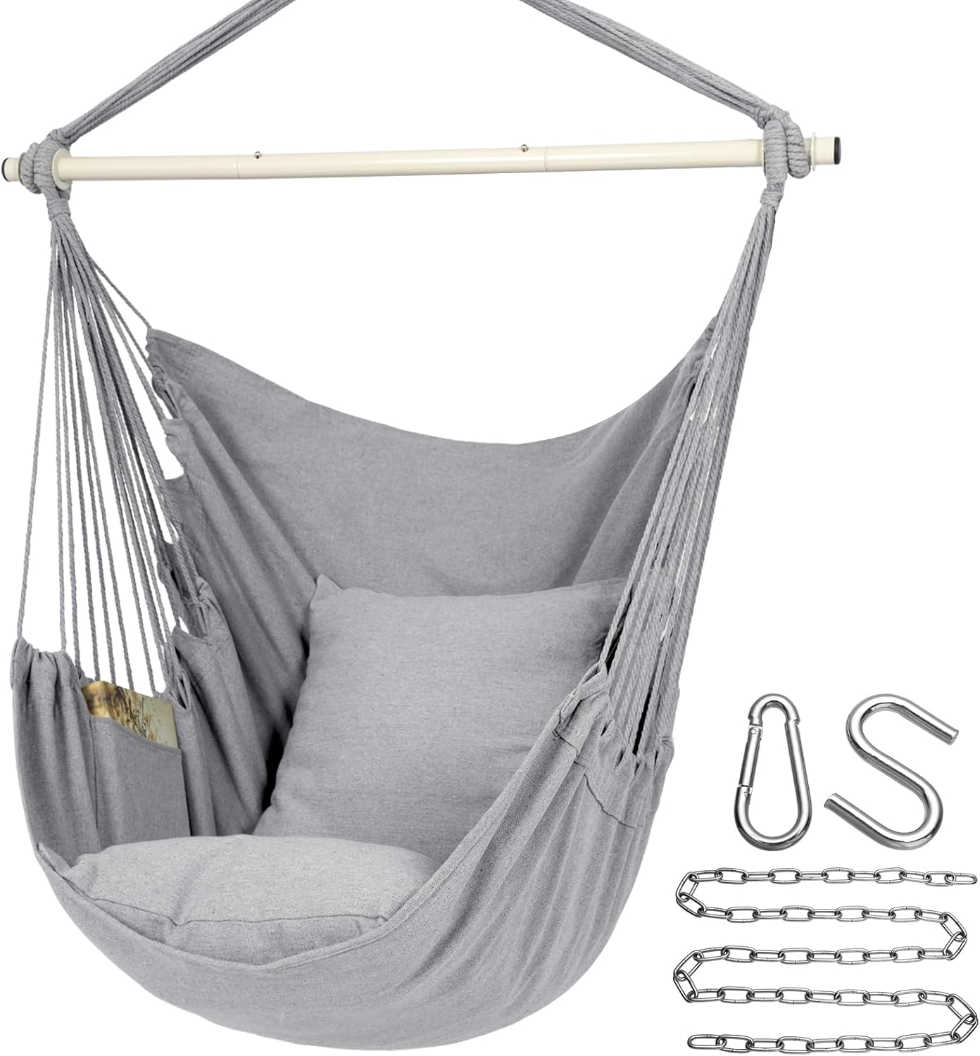 Y- STOP Hammock Chair Hanging Rope Swing, Max 500 Lbs, 2 Cushions Included, Large Macrame Hanging Chair with Pocket, Cotton Weave for Superior Comfort, Durability (Dark Grey)