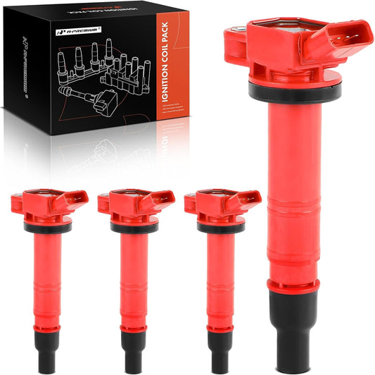 A-Premium (Red) Engine Ignition Coil Pack Compatible with Toyota Camry, Corolla, Tacoma, Tundra, 4Runner, Matrix, FJ Cruiser, Solara & Lexus IS F, IS500, GS F, RC F, LC500 & Scion xB, 4-PC Set