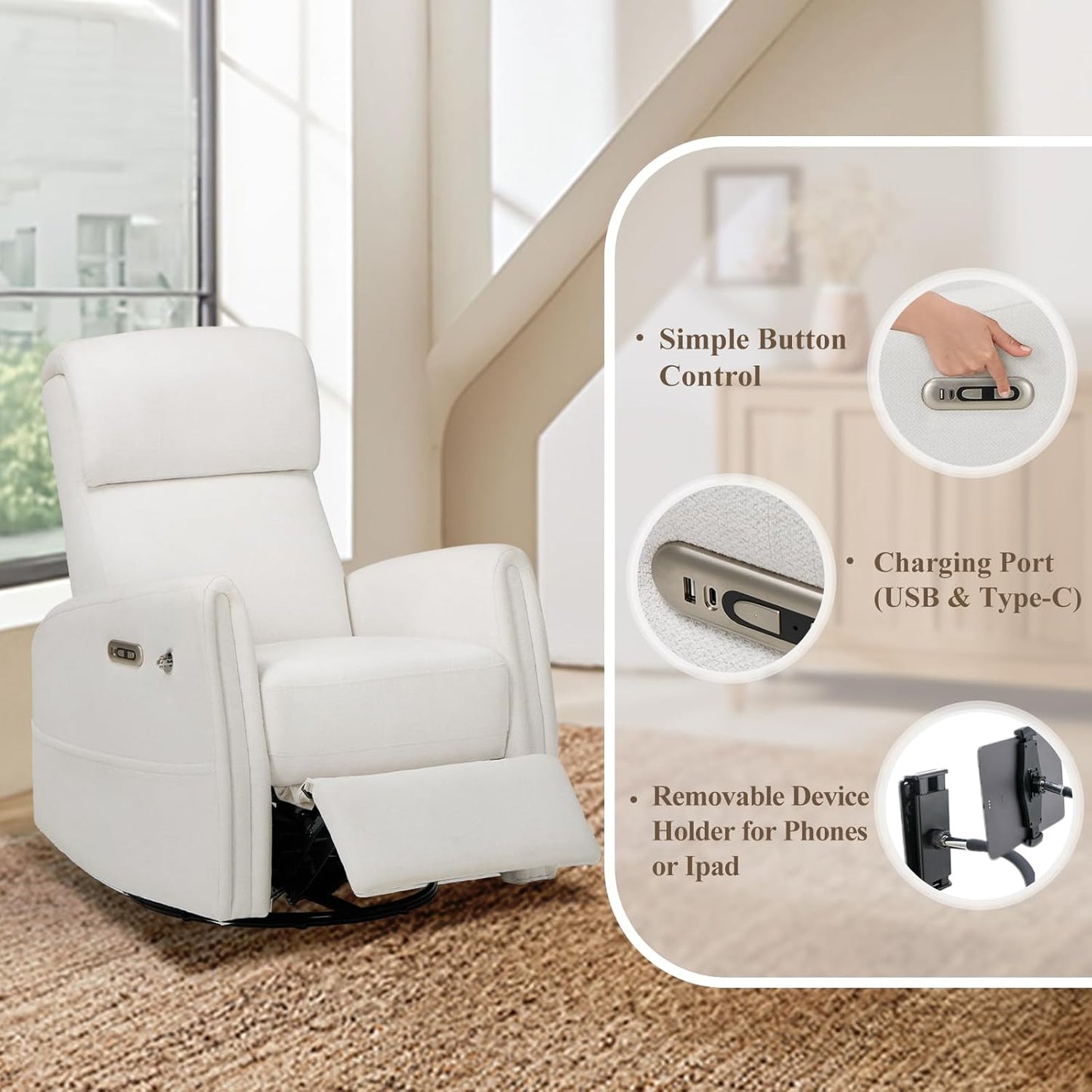 COLAMY Power Recliner Chairs Swivel Glider Rocker for Nursery, Upholstered Fabric Living Room Rocking Reclining Single Sofa Chair with 2 Device Holders, White, Set of 2