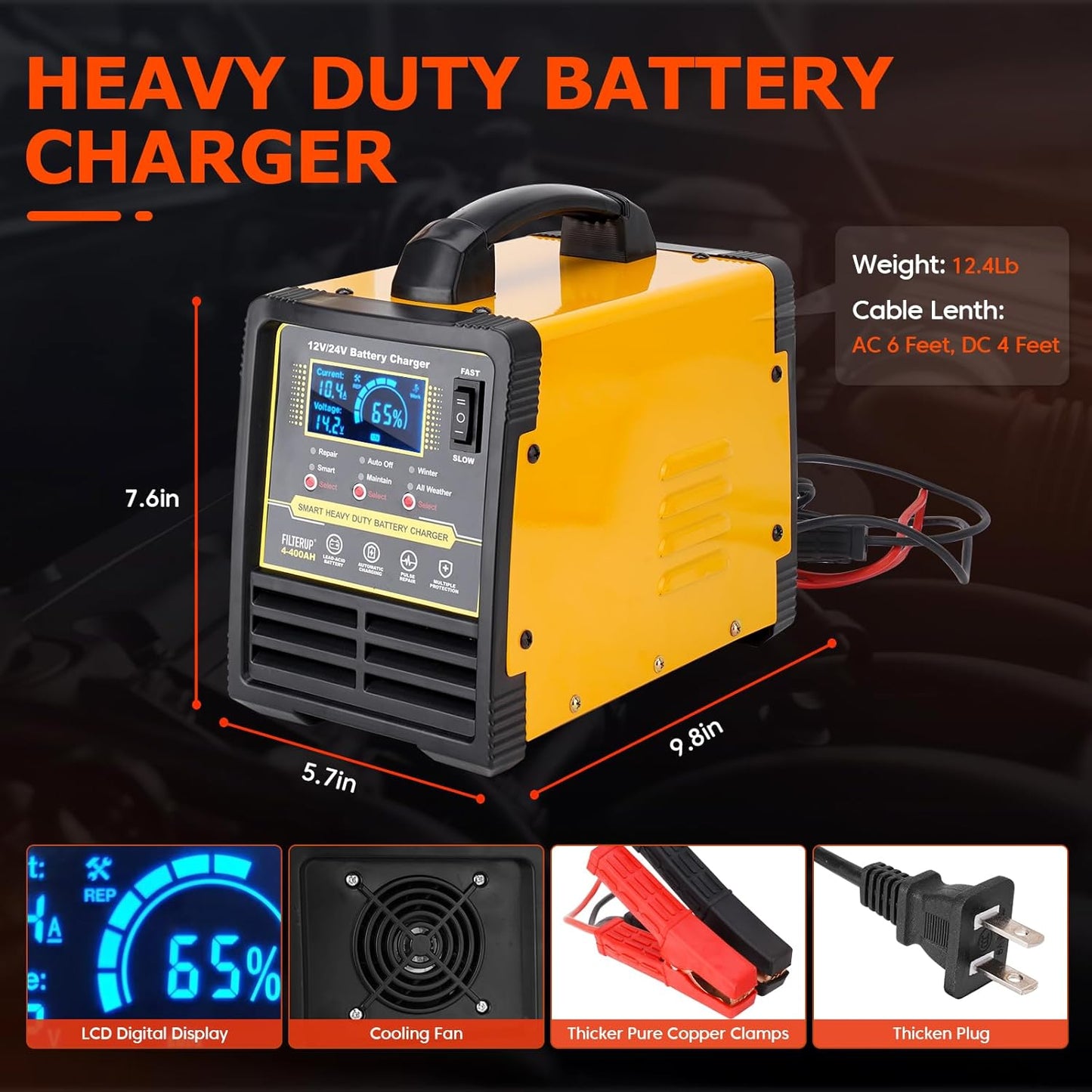 12V 24V Heavy Duty Battery Charger, 0-15A Lead-Acid Smart Automatic Battery Maintainer, Trickle Charger with Repair, Auto Off, Winter Summer Mode, for Car Truck Boat Motorcycle RV Lawn Mower (Yellow)